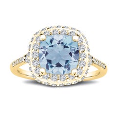 7x7mm Natural Aquamarine Cushion Cut Halo 0.75 Carat Diamond Ring