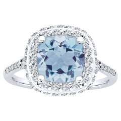 7x7mm Natural Aquamarine Cushion Cut Halo 0.75 Carat Diamond Ring