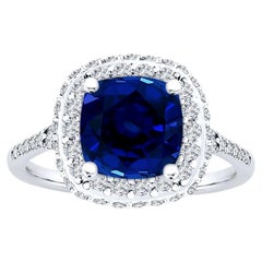 7x7mm Natural Sapphire Cushion Cut Halo 0.75 Carat Diamond Ring