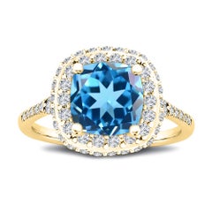 Natural Swiss Blue Topaz Cushion Cut Halo 0.75 Carat Diamond Ring