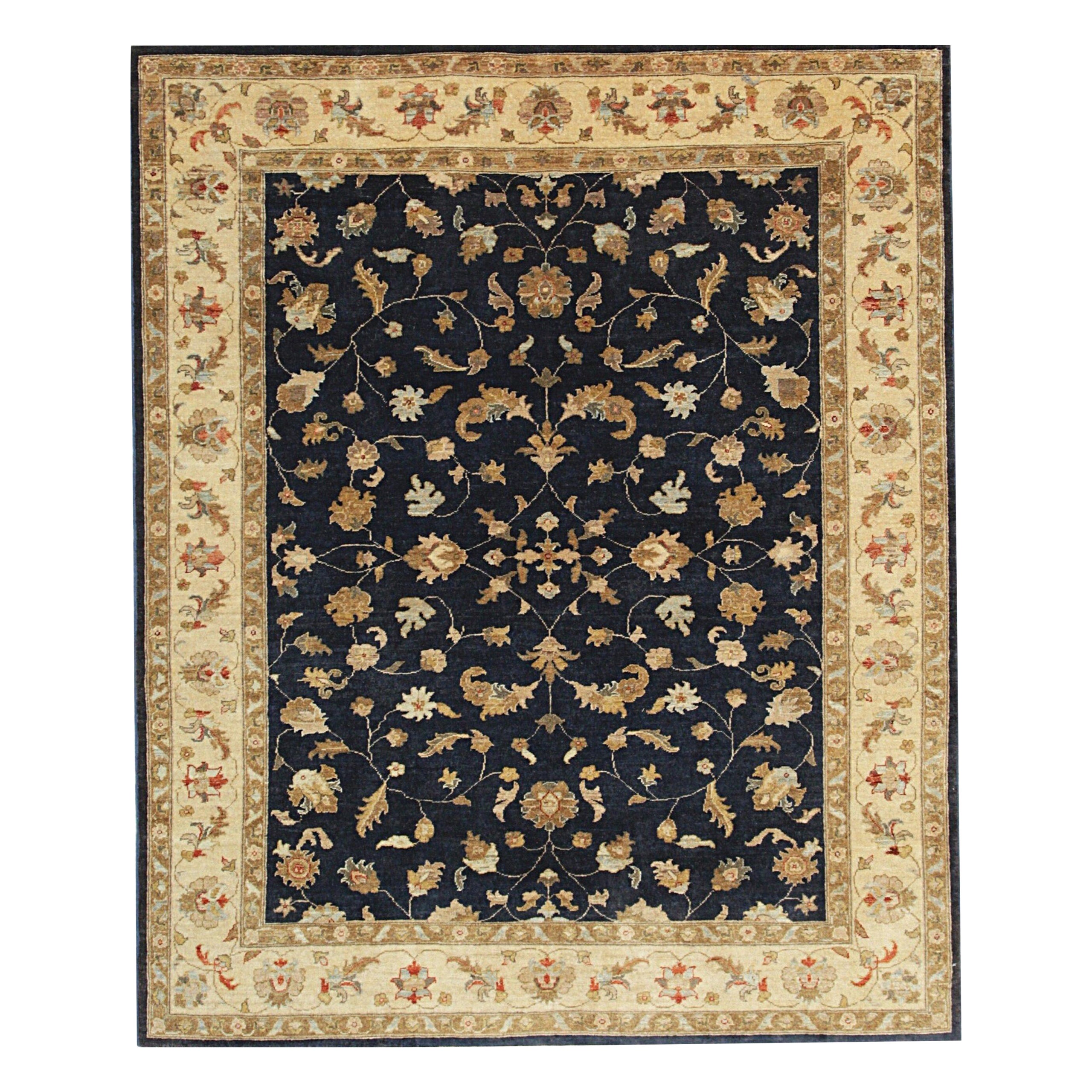 7x8 Blue Hand-Knotted Wool Floral Symmetry Classic Traditional Modern Carpet Rug For Sale