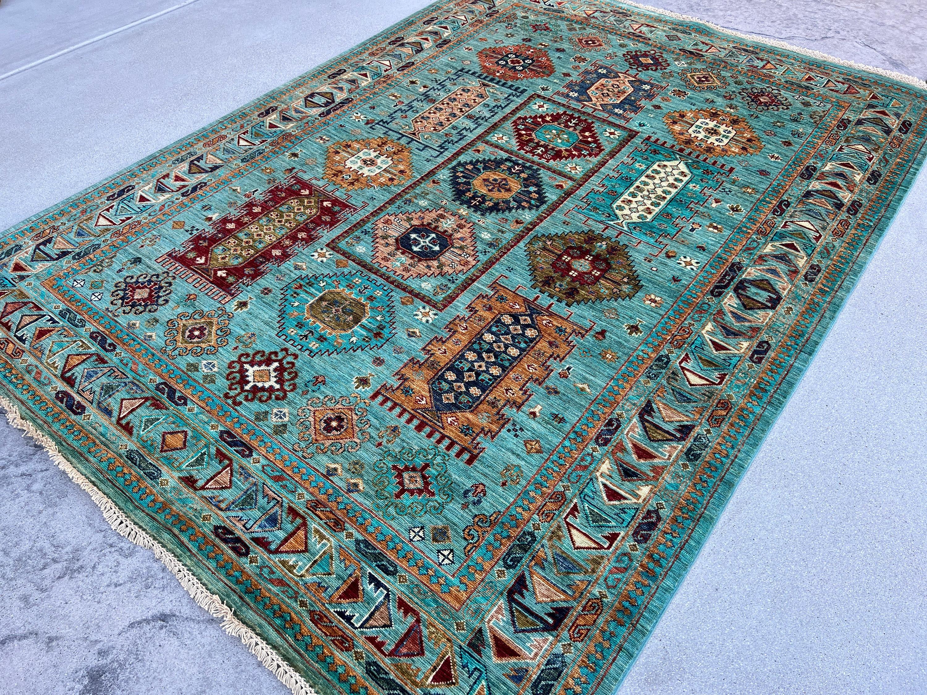 7x8 Hand-Knotted Afghan Rug Premium Hand-Spun Afghan Wool Fair Trade Turquoise  In New Condition For Sale In San Marcos, CA
