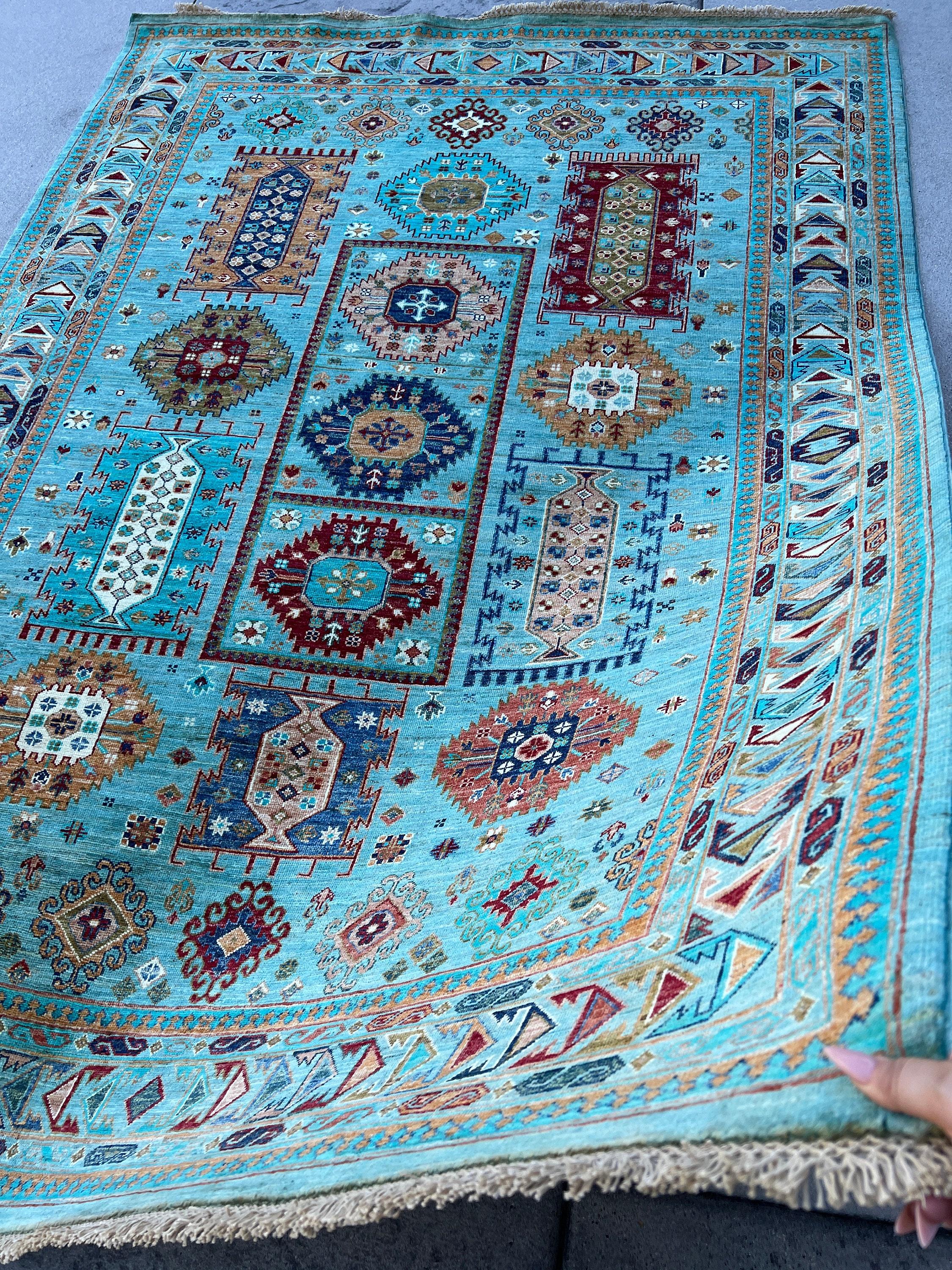 7x8 Hand-Knotted Afghan Rug Premium Hand-Spun Afghan Wool Fair Trade Turquoise  For Sale 1
