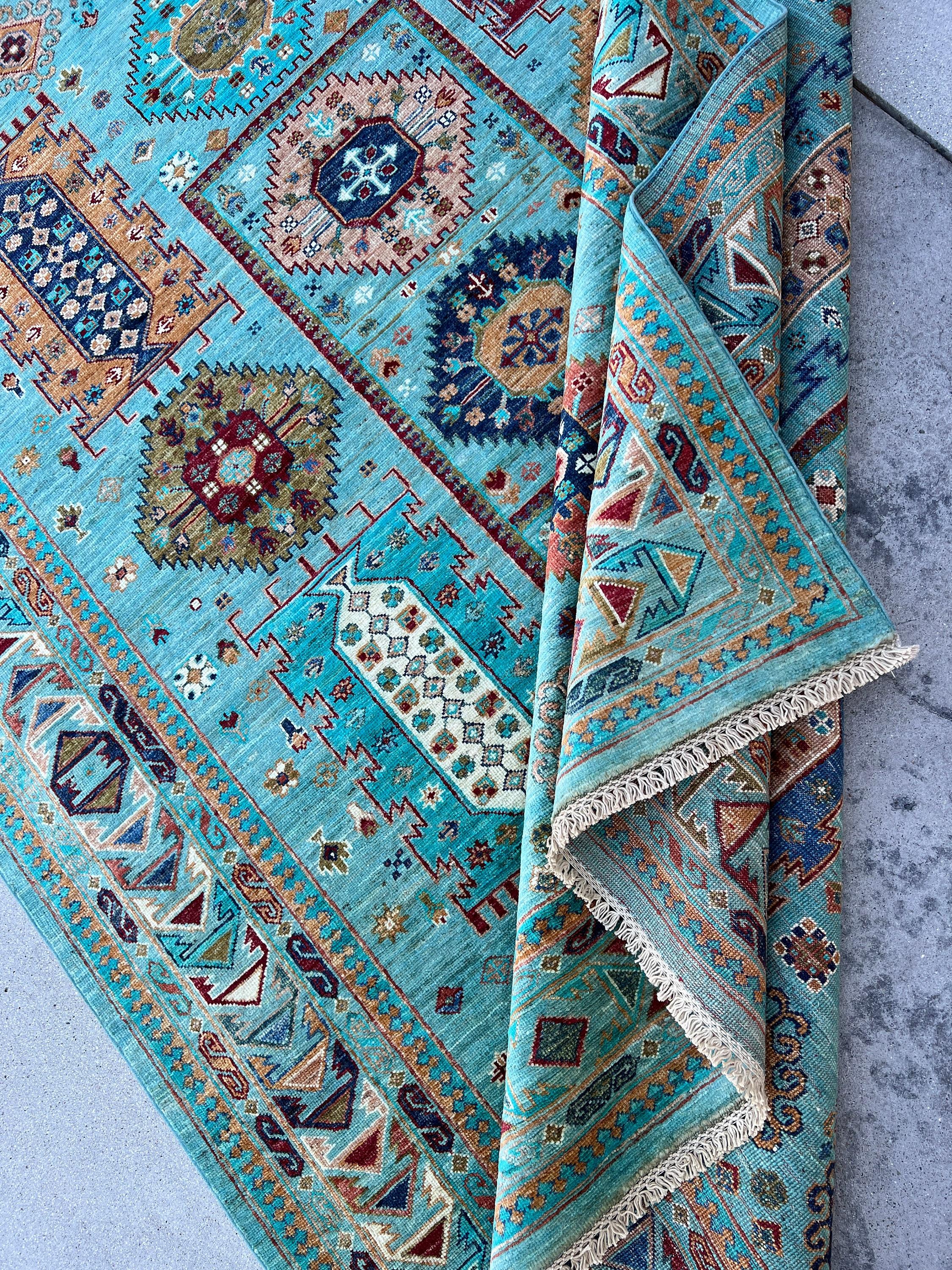 7x8 Hand-Knotted Afghan Rug Premium Hand-Spun Afghan Wool Fair Trade Turquoise  For Sale 2