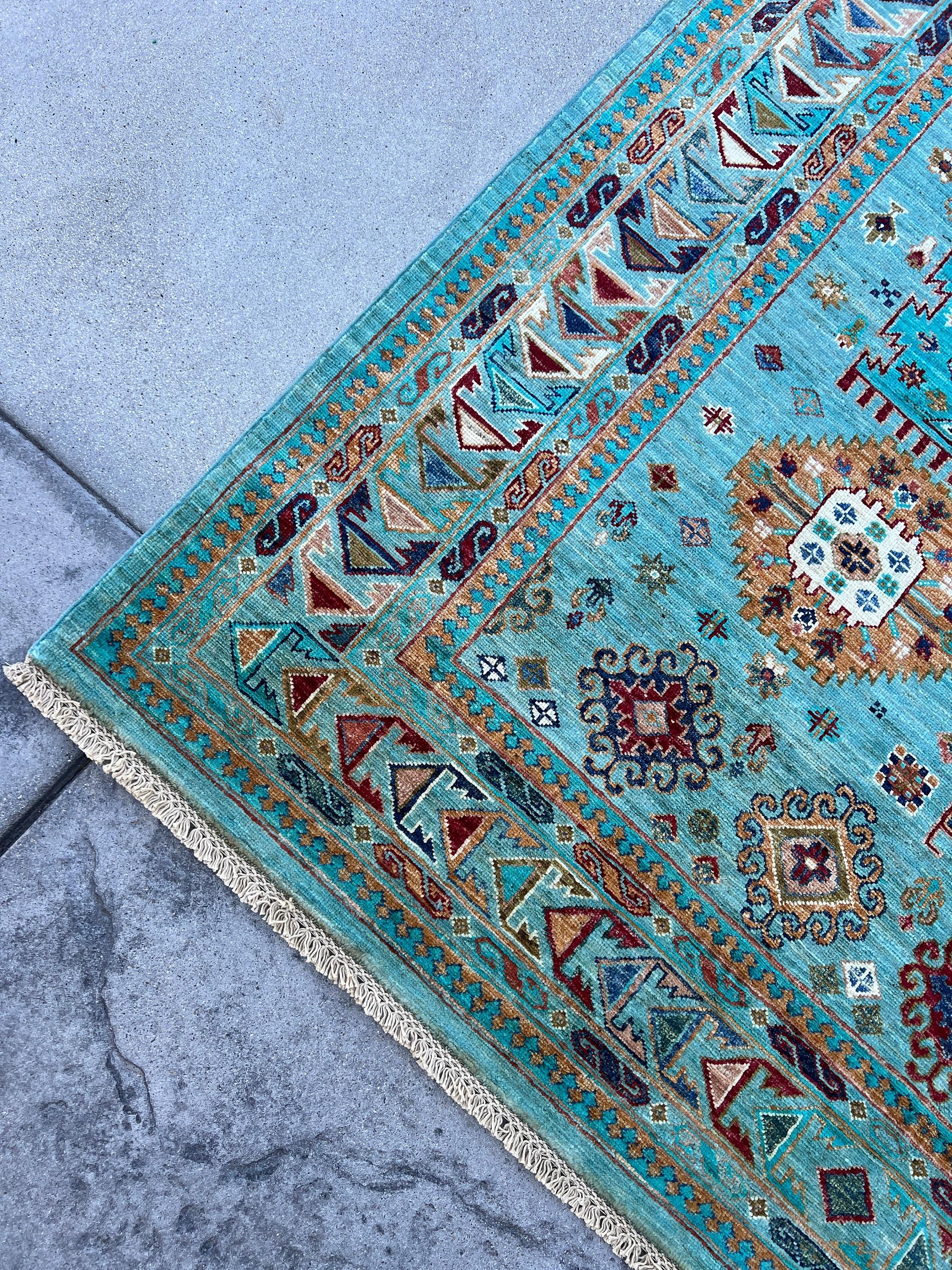 7x8 Hand-Knotted Afghan Rug Premium Hand-Spun Afghan Wool Fair Trade Turquoise  For Sale 4