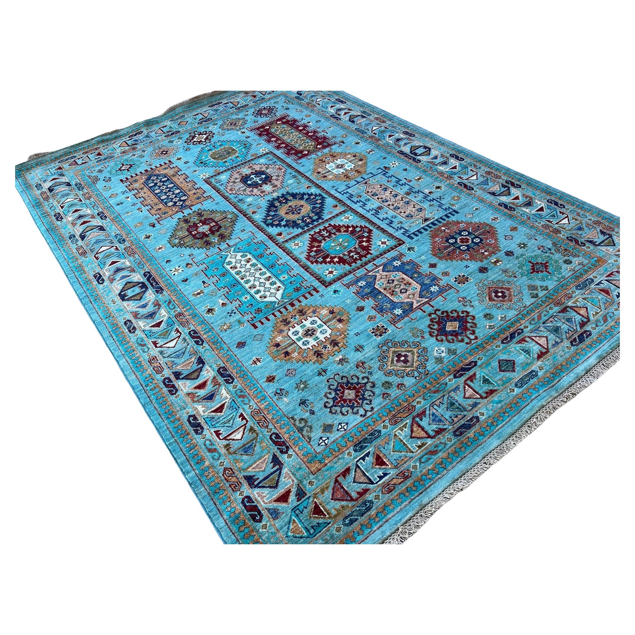 7x8 Hand-Knotted Afghan Rug Premium Hand-Spun Afghan Wool Fair Trade Turquoise  For Sale