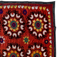 7x8.3 Ft Silk Embroidery Bed Cover. Vintage Wall Hanging. 1980s Red Tablecloth