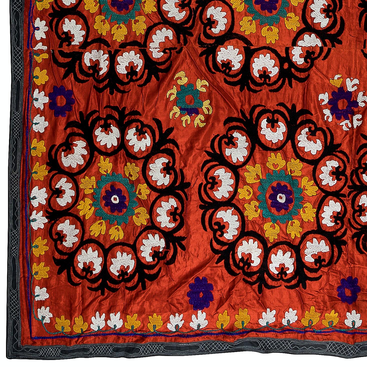Uzbek 7x8.3 Ft Silk Embroidery Bed Cover. Vintage Wall Hanging. 1980s Red Tablecloth For Sale