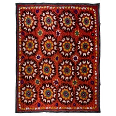 7x8.3 Ft Vintage Authentic Silk Embroidery Bed Cover, Asian Suzani Wall Hanging