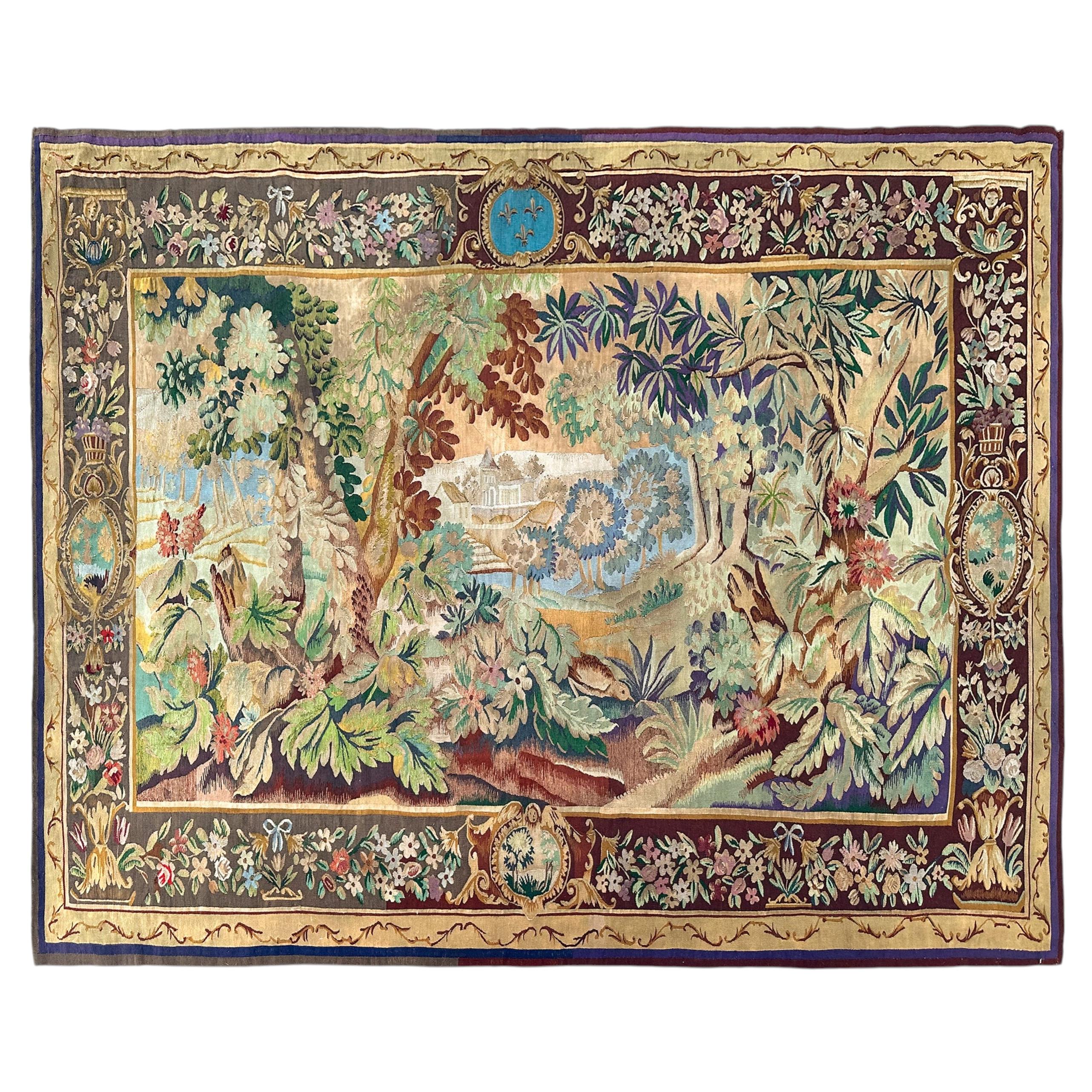 7×9 Jugendstil-Aubusson-Wandteppich 208×257 cm – Wandbehang mit Pflanzenlandschaft