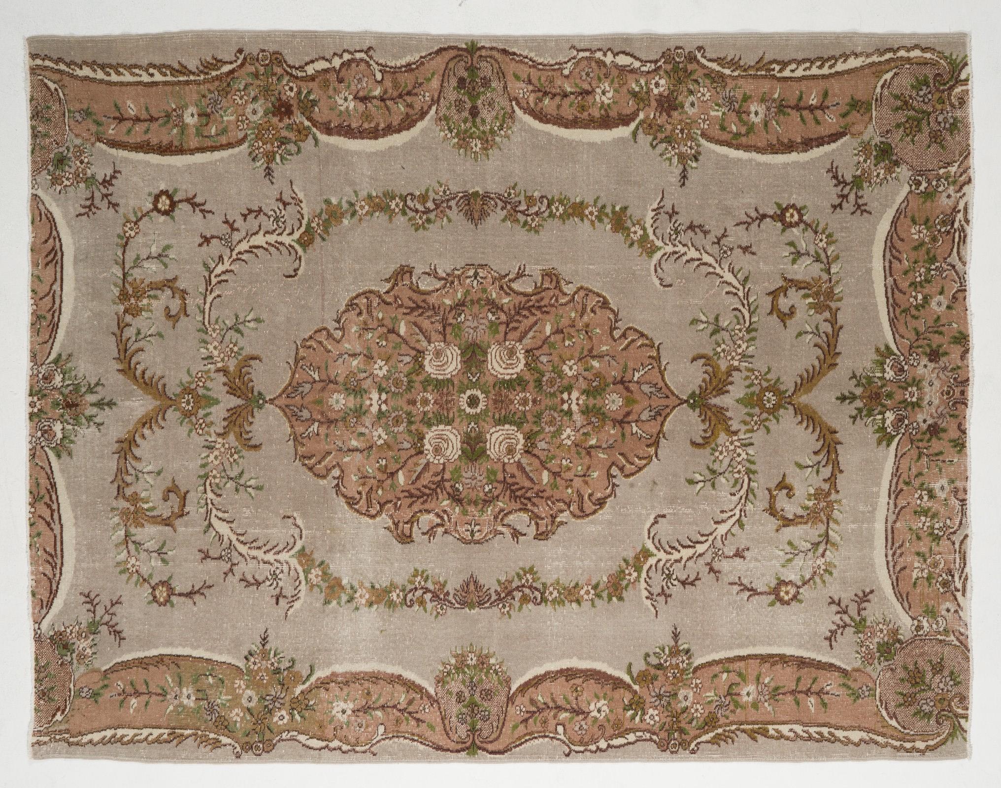 20th Century 7x9 Ft Aubusson Inspired Vintage Turkish Handmade Wool Rug in Faded Rose, Gray For Sale
