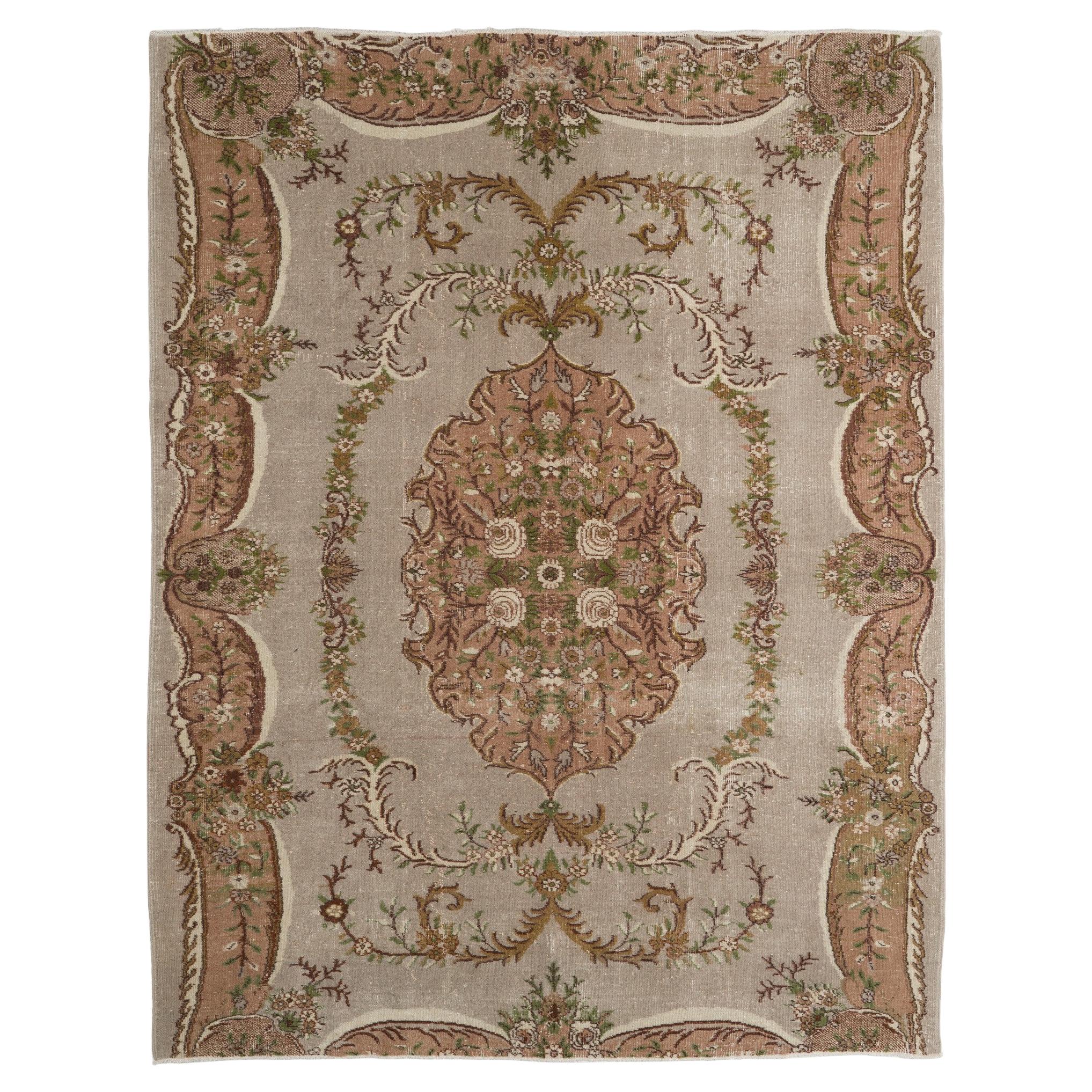 7x9 Ft Aubusson Inspired Vintage Turkish Handmade Wool Rug in Faded Rose, Gray For Sale