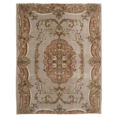 Tapis turc vintage en laine fait à la main d'inspiration Aubusson en rose délavé et gris 7x9 Ft