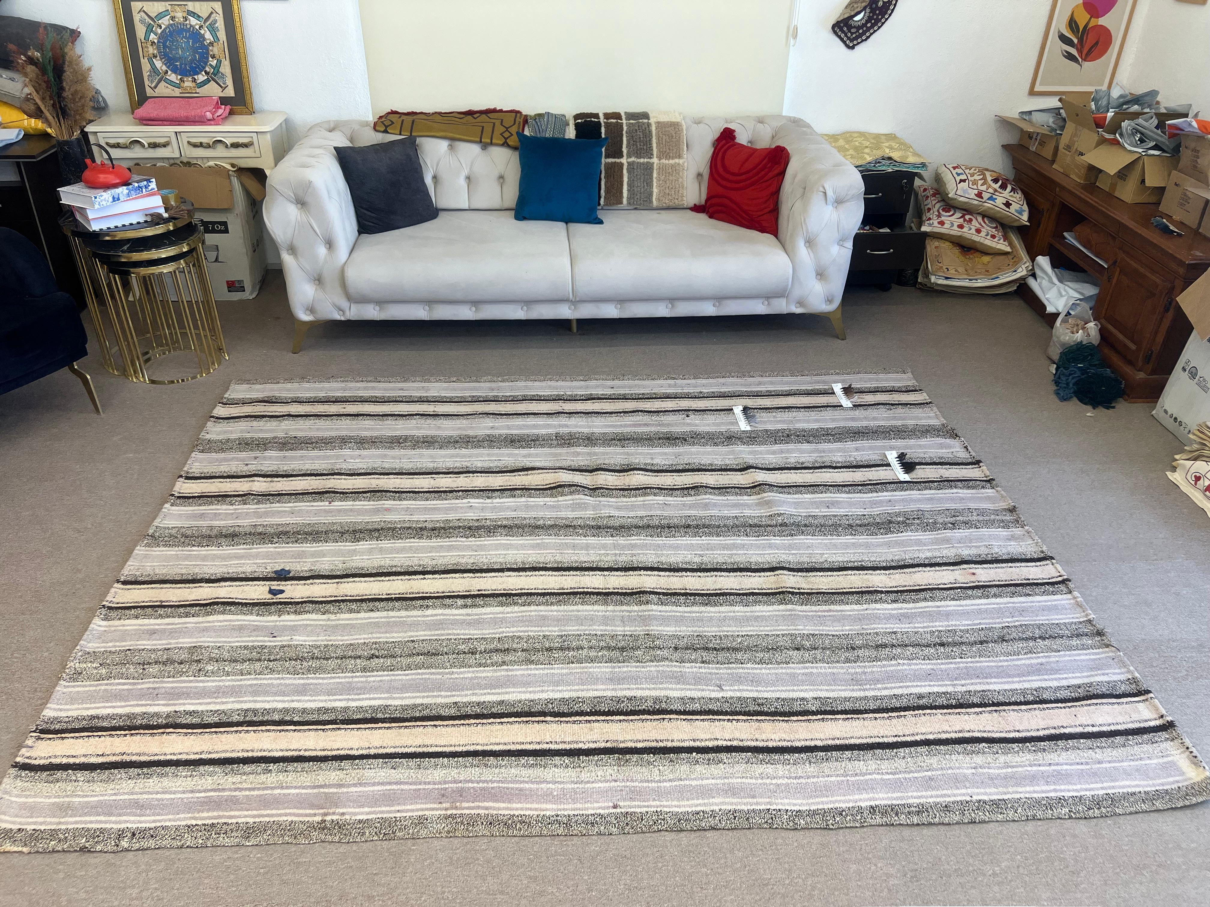 7x9 ft Vintage Hand-Woven Turkish Kilim, Striped Flat-Weave Rug For Sale 1
