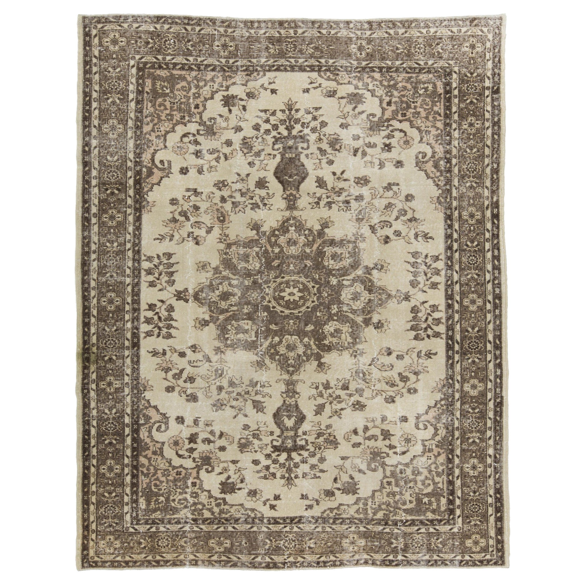 7x9 Ft Vintage handgefertigter anatolischer Teppich in Beige. Ideal für Büro und Zuhause