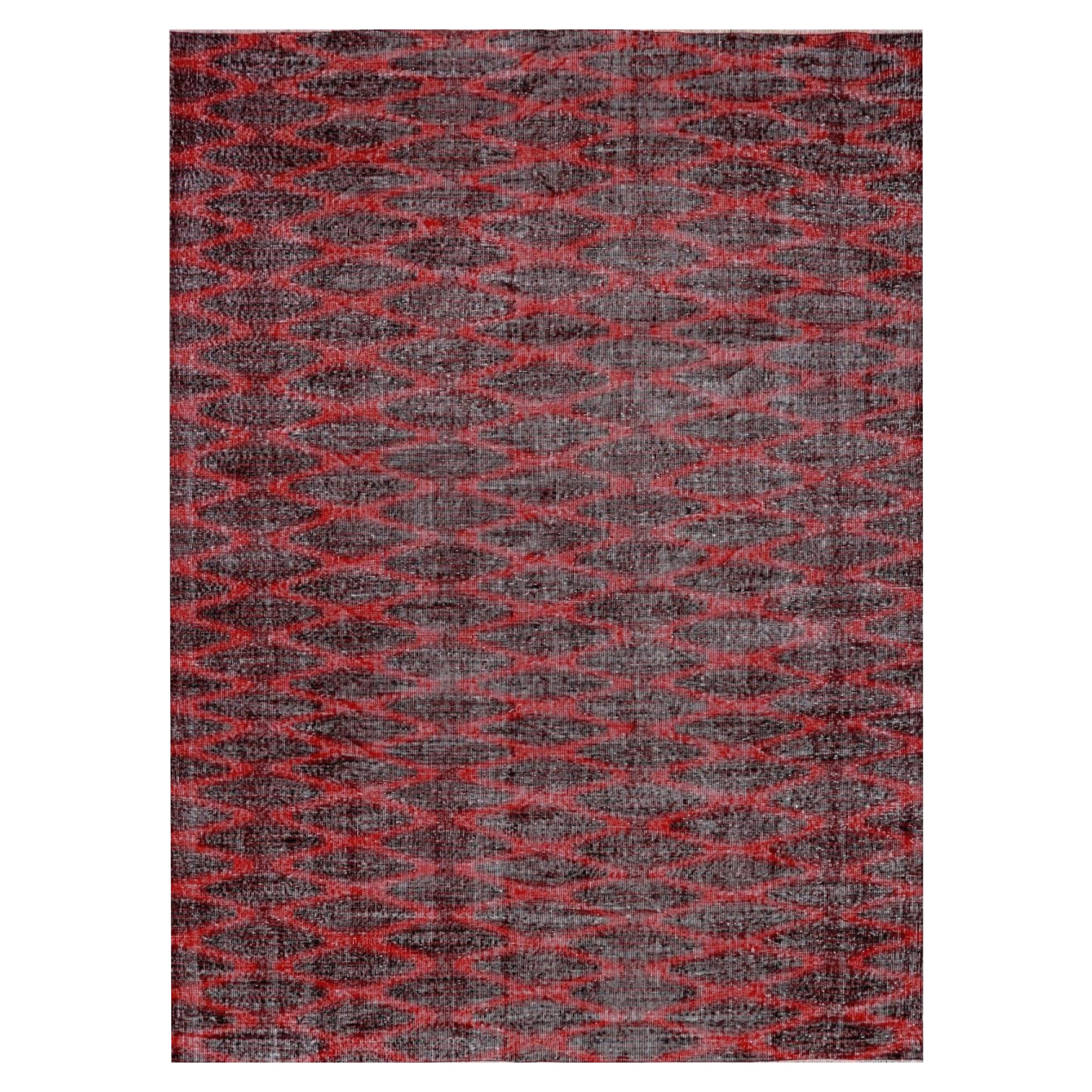 7x9 Hand-Knotted Vintage Zeki Muren Wool Area Rug with Red Geometric Diamond Pat For Sale