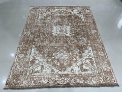 7x9 Ivory Hand-Knotted Wool Distressed Floral Modernist Design Modern Carpet Rug