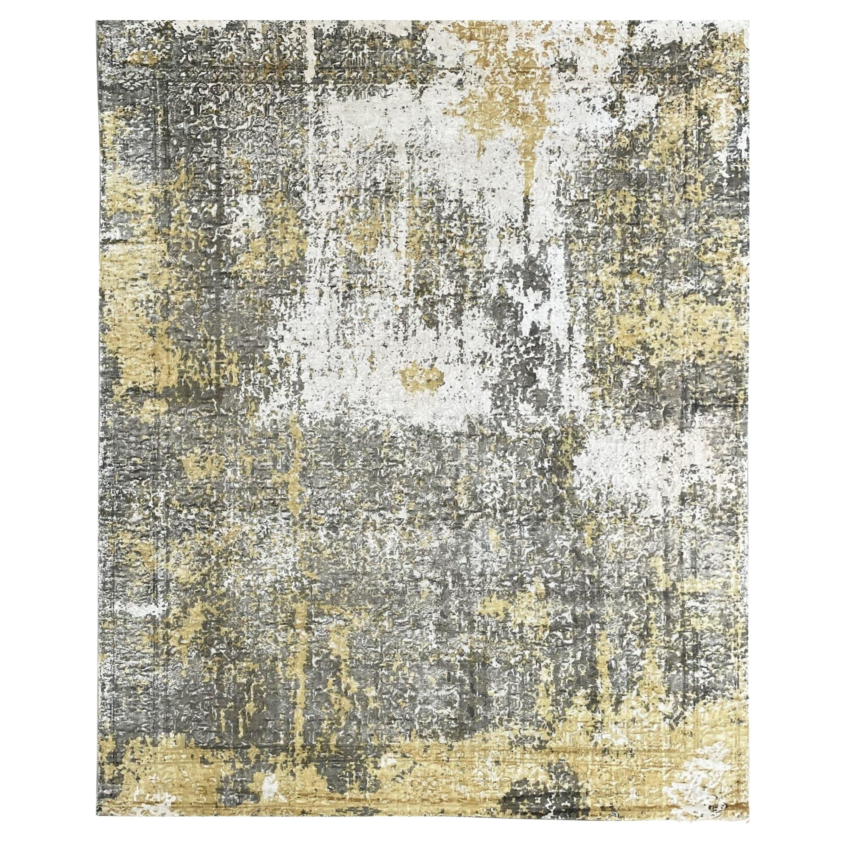 7x9 Ivory Hand-Knotted Wool Distressed Texture Abstract Modern Carpet Rug For Sale
