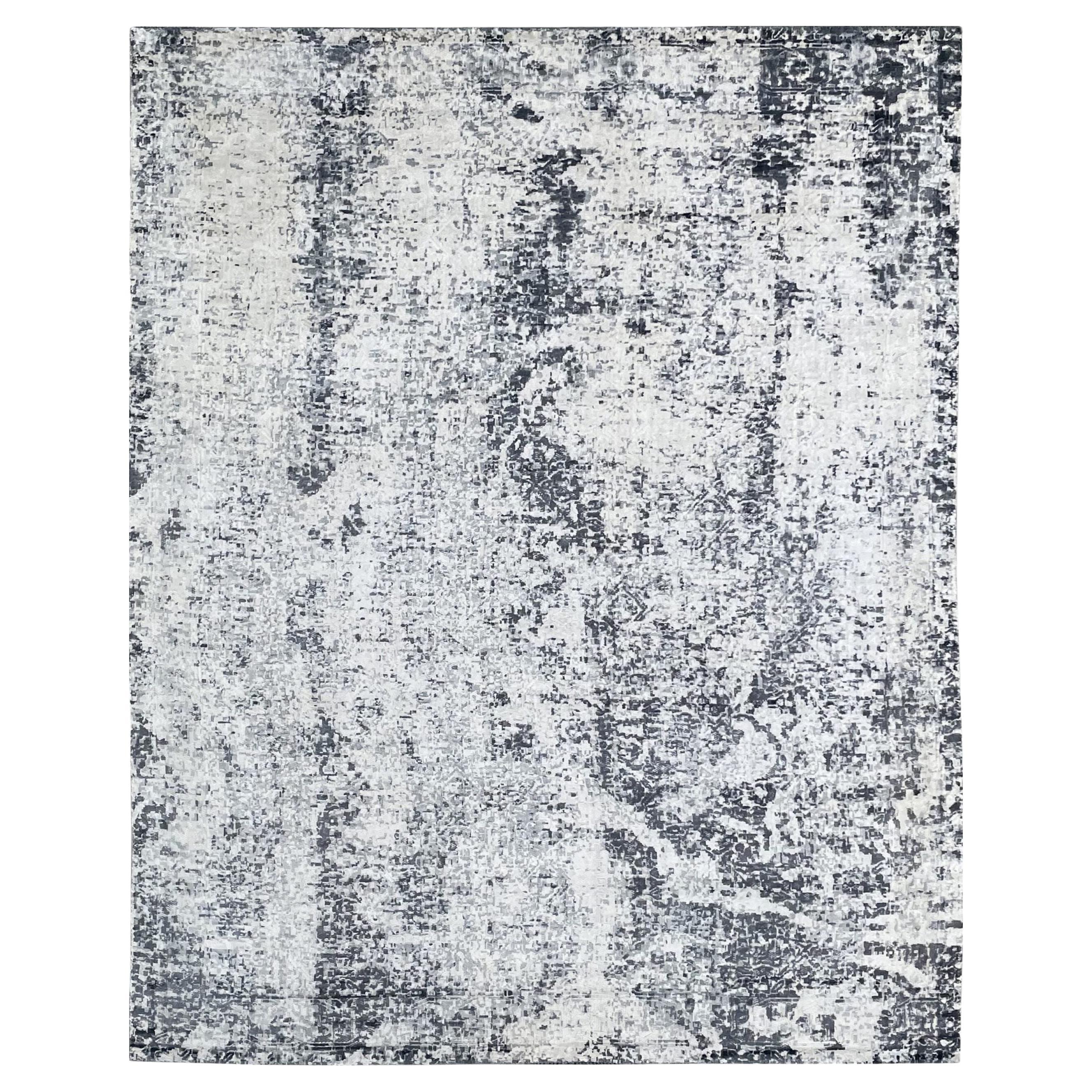 7x9 Ivory Hand-Knotted Wool Pixelated Distressed Abstract Modern Carpet Rug For Sale