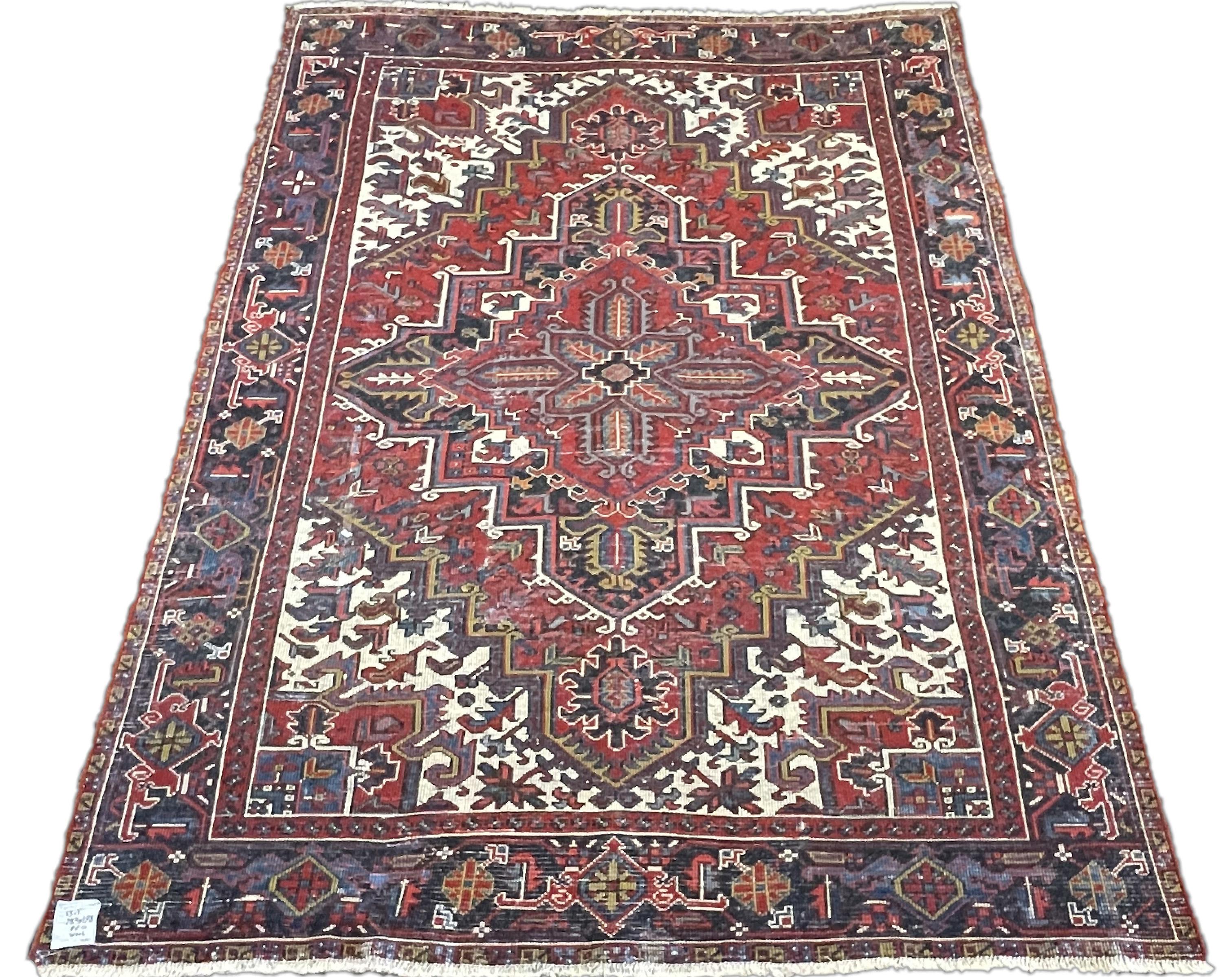 Hand-Knotted 7'x9' Antique Heriz - Persian Serapi Rug - rust / cream For Sale