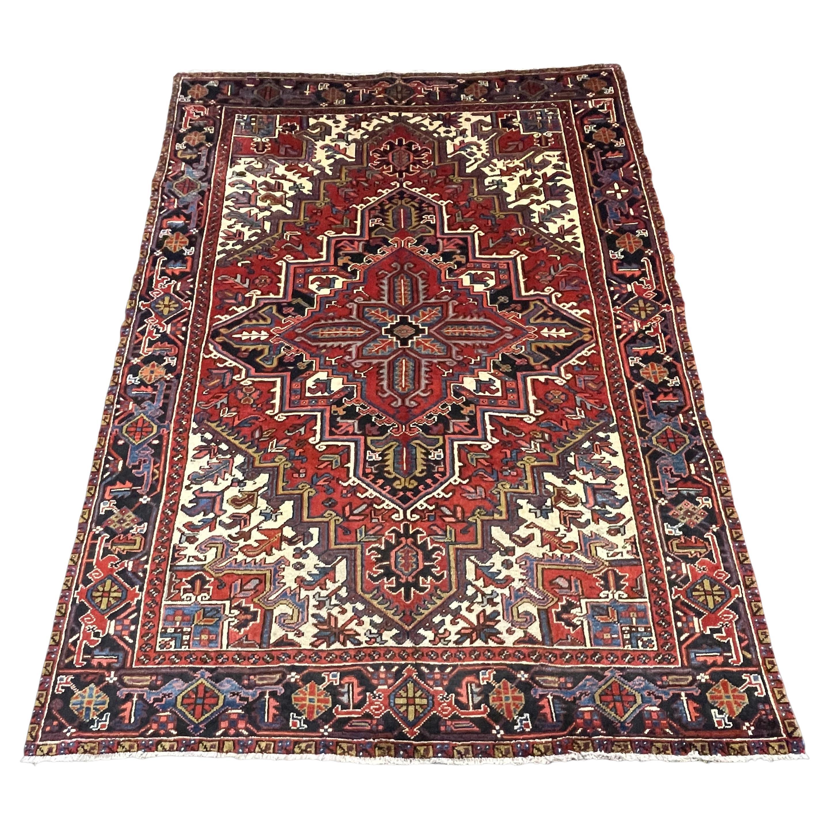 7'x9' Antique Heriz - Persian Serapi Rug - rust / cream