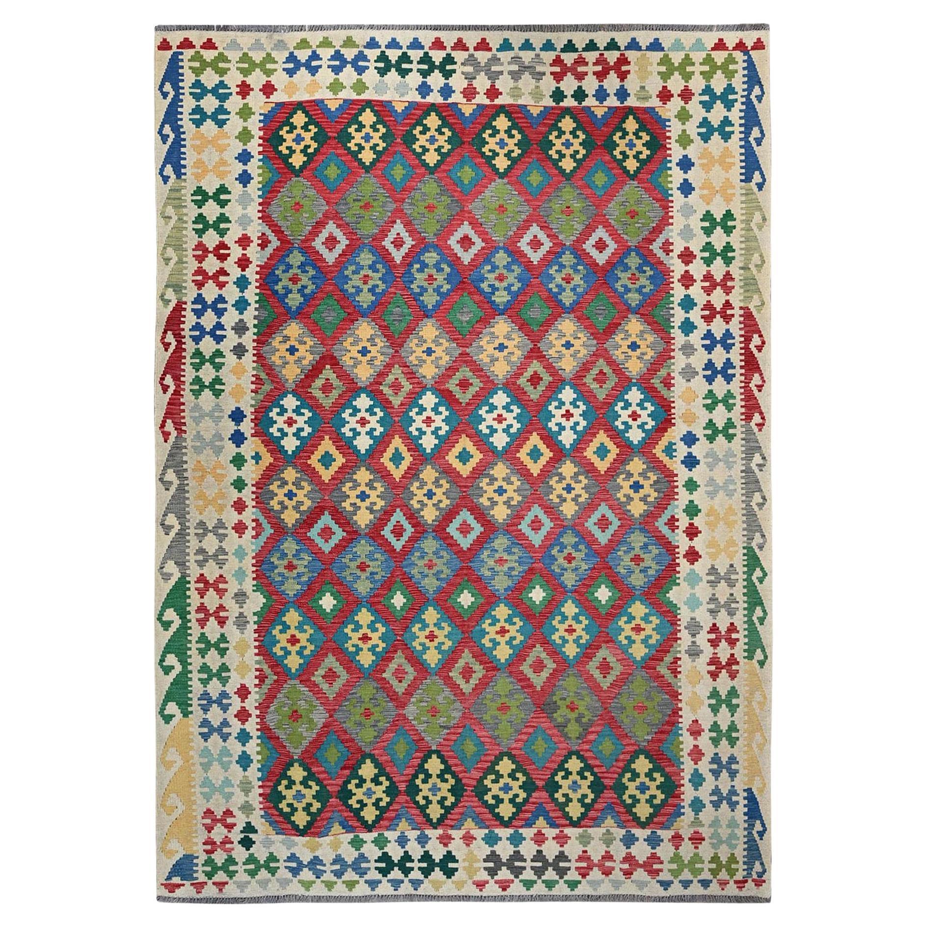 7
x9
10" Lychee Rot Hand gewebt Afghan Kilim Flachgewebe aus reiner Wolle Orientteppich