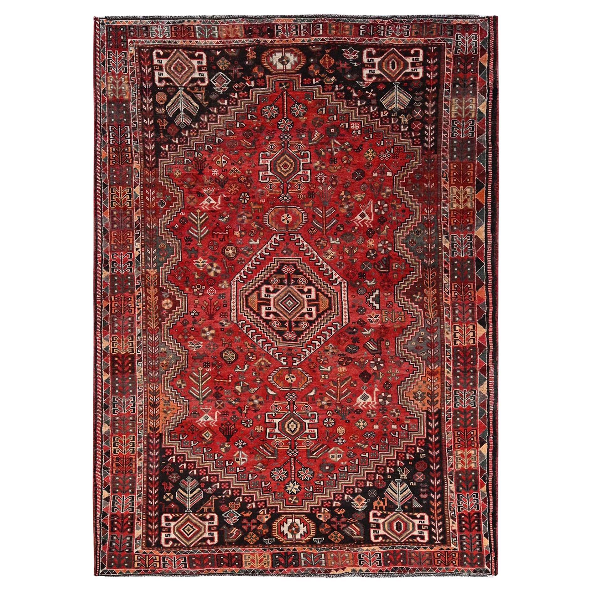 7'x9'10" Rosso Scarlatto Vintage Persiano Shiraz Annodato a Mano in Pura Lana Tappeto Orientale