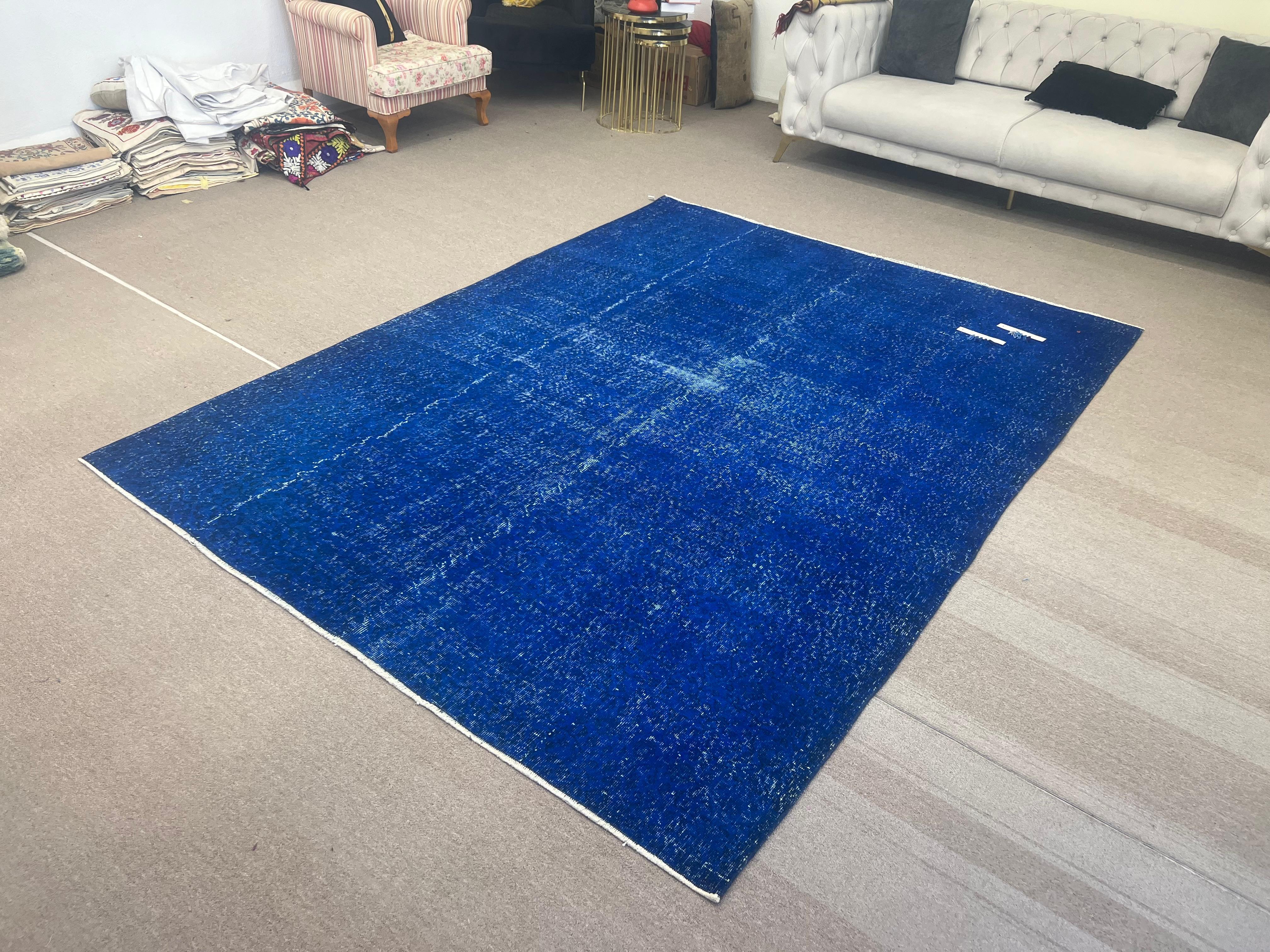 Alfombra de salón azul 7x9,2 pies, alfombra turca hecha a mano, revestimiento de suelo moderno siglo XX en venta