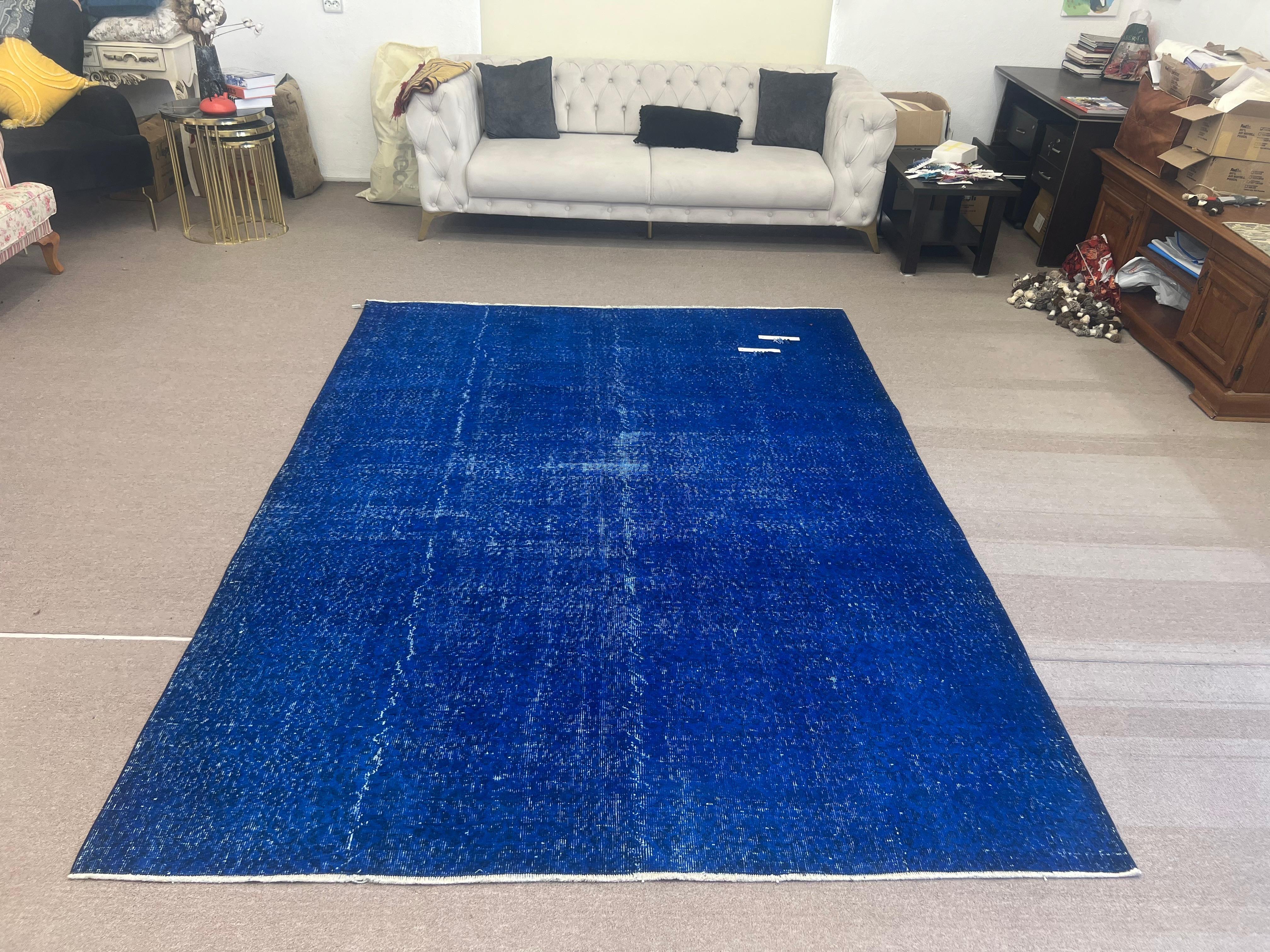 Alfombra de salón azul 7x9,2 pies, alfombra turca hecha a mano, revestimiento de suelo moderno Lana en venta