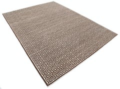 7x9.3 ft Hand Knotted Turkish Wool Rug. Beige & Brown Greek Key Pattern Carpet