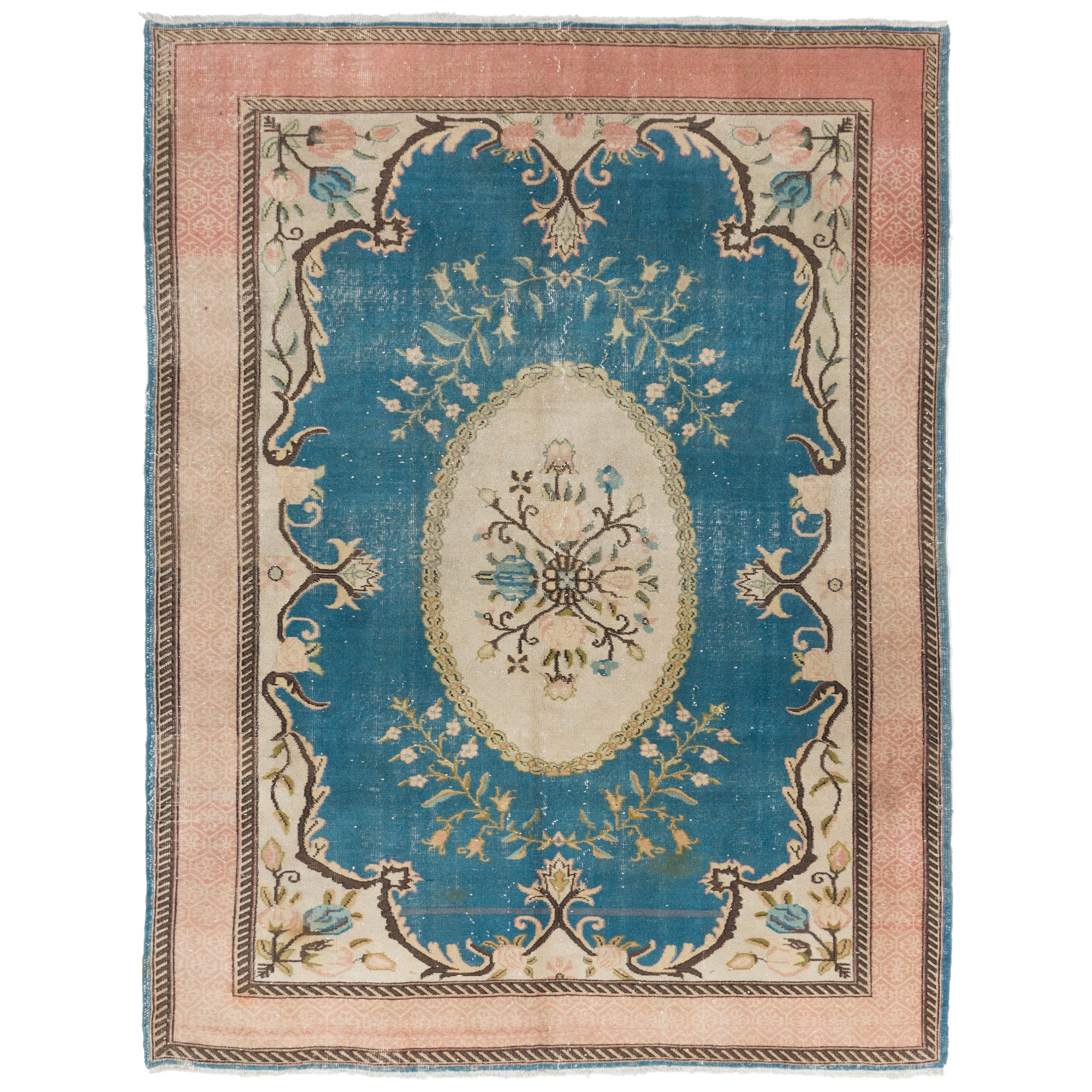 Dekorativer handgeknüpfter 7x9,5 Ft-Teppich. Vintage-Wollteppich im europäischen Design