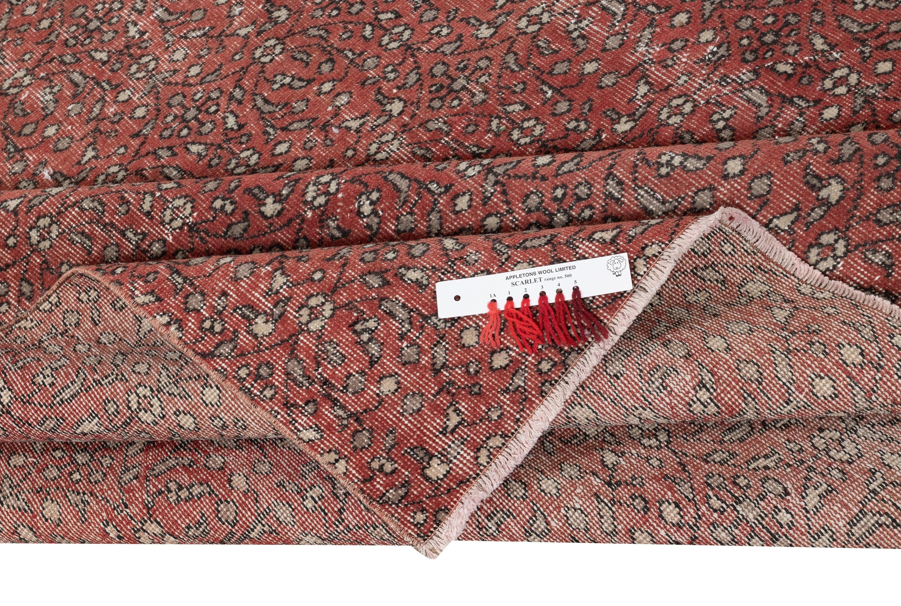 Rustic 7x9.8 Ft Hand-knotted Vintage Turkish Red Wool Area Rug with Floral Design For Sale