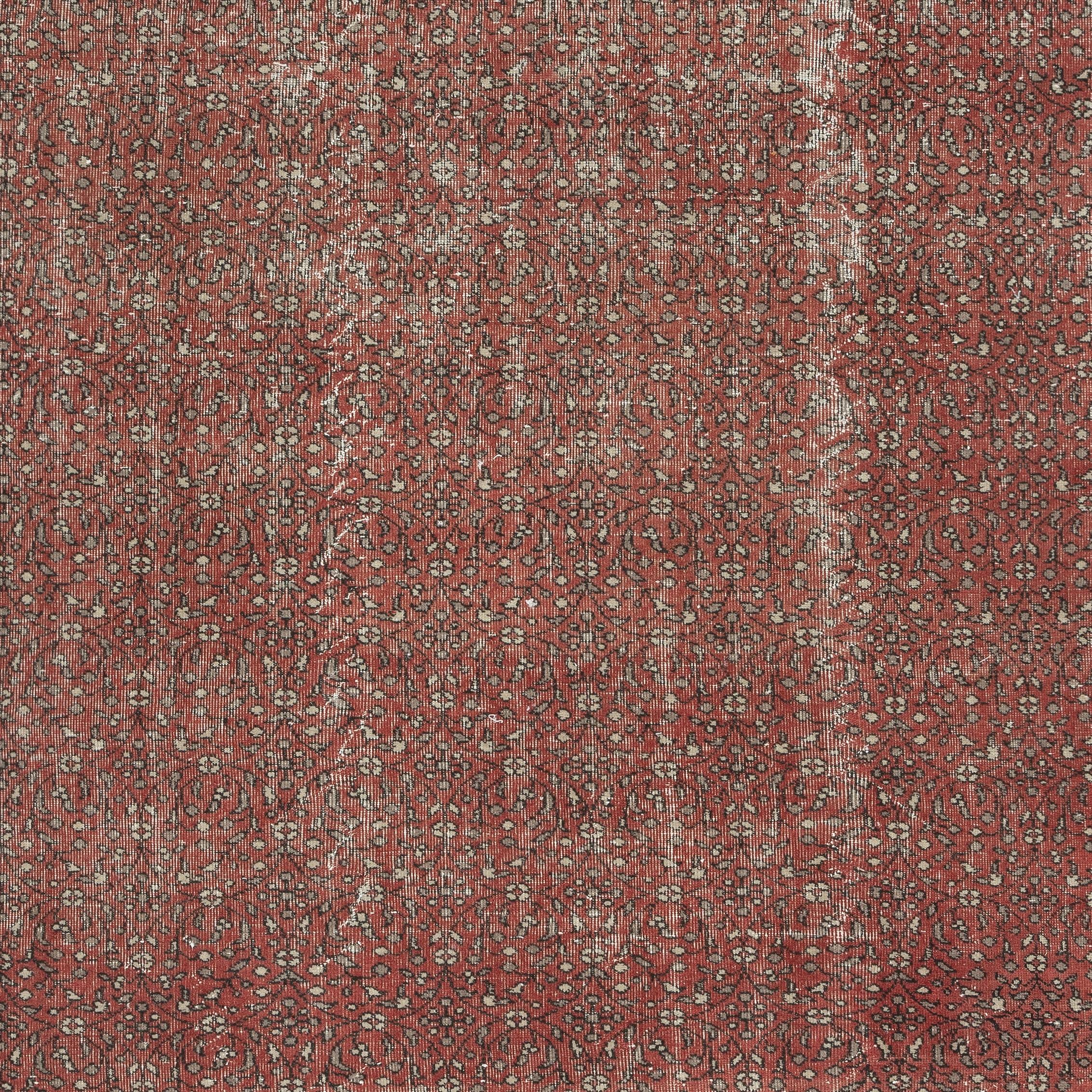 Hand-Knotted 7x9.8 Ft Hand-knotted Vintage Turkish Red Wool Area Rug with Floral Design For Sale