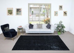 Alfombra turca teñida de negro liso 7x9,8 pies, alfombra grande vintage hecha a mano