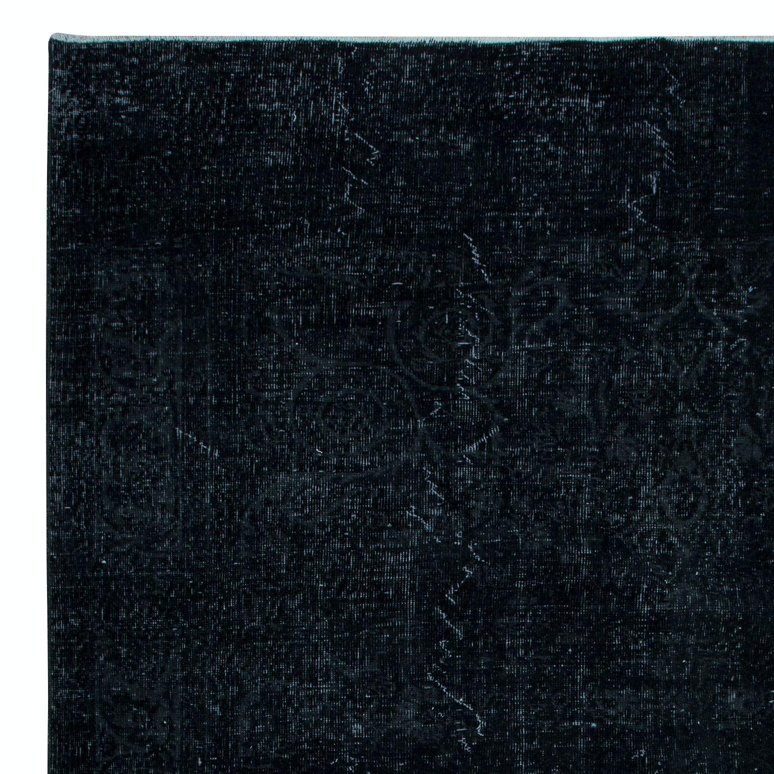 Hand-Woven 7x9.8 Ft Plain Black Over-Dyed Turkish Area Rug, Handmade Vintage Large Carpet For Sale
