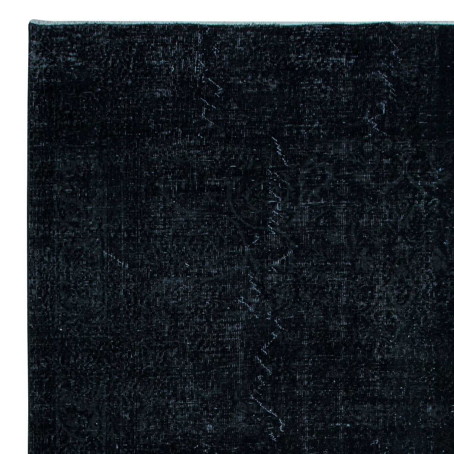 Hand-Knotted 7x9.8 Ft Plain Black Over-Dyed Turkish Area Rug, Handmade Vintage Large Carpet For Sale