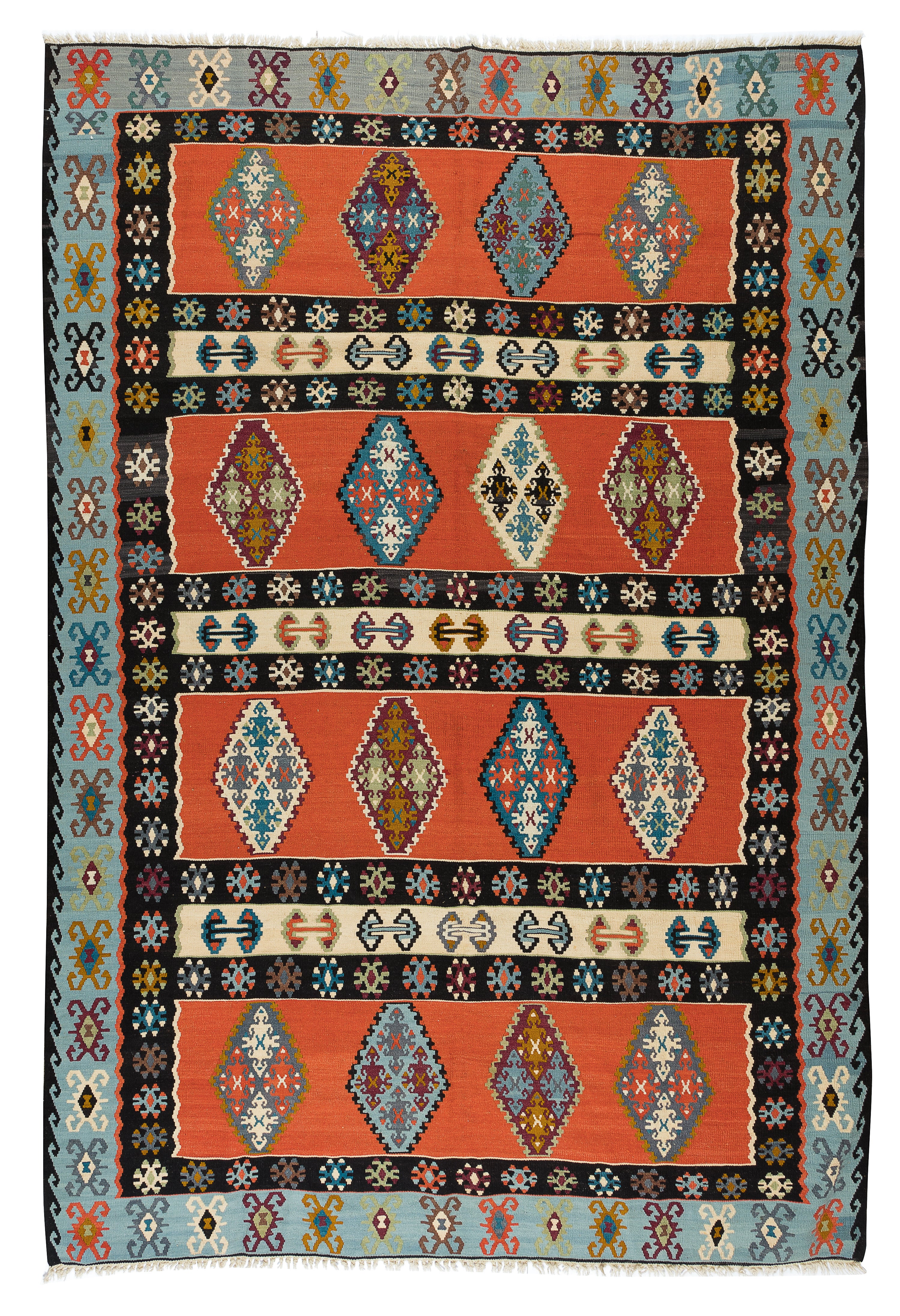 Alfombra Kilim turca tejida a mano con motivos geométricos vintage, roja y azul, de 7x9,8 pies