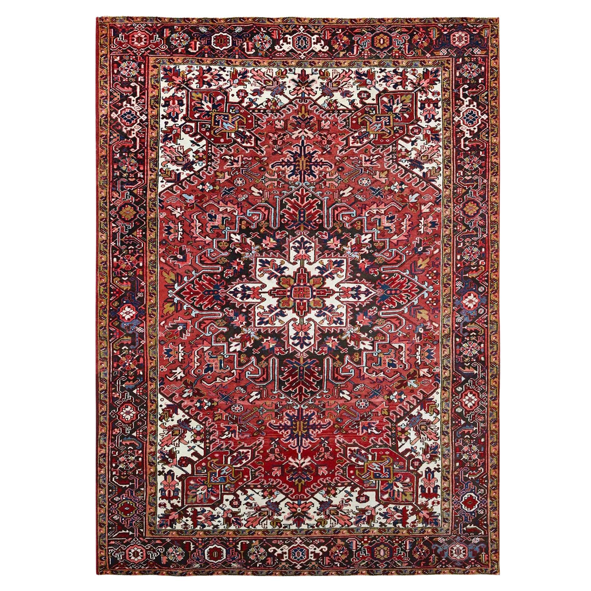 7'x9'8" Rojo Anudada a Mano Pura Lana Vintage Persa Heriz Limpia Alfombra Desgastada