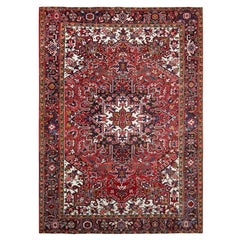 7'x9'8" Rojo Anudada a Mano Pura Lana Vintage Persa Heriz Limpia Alfombra Desgastada