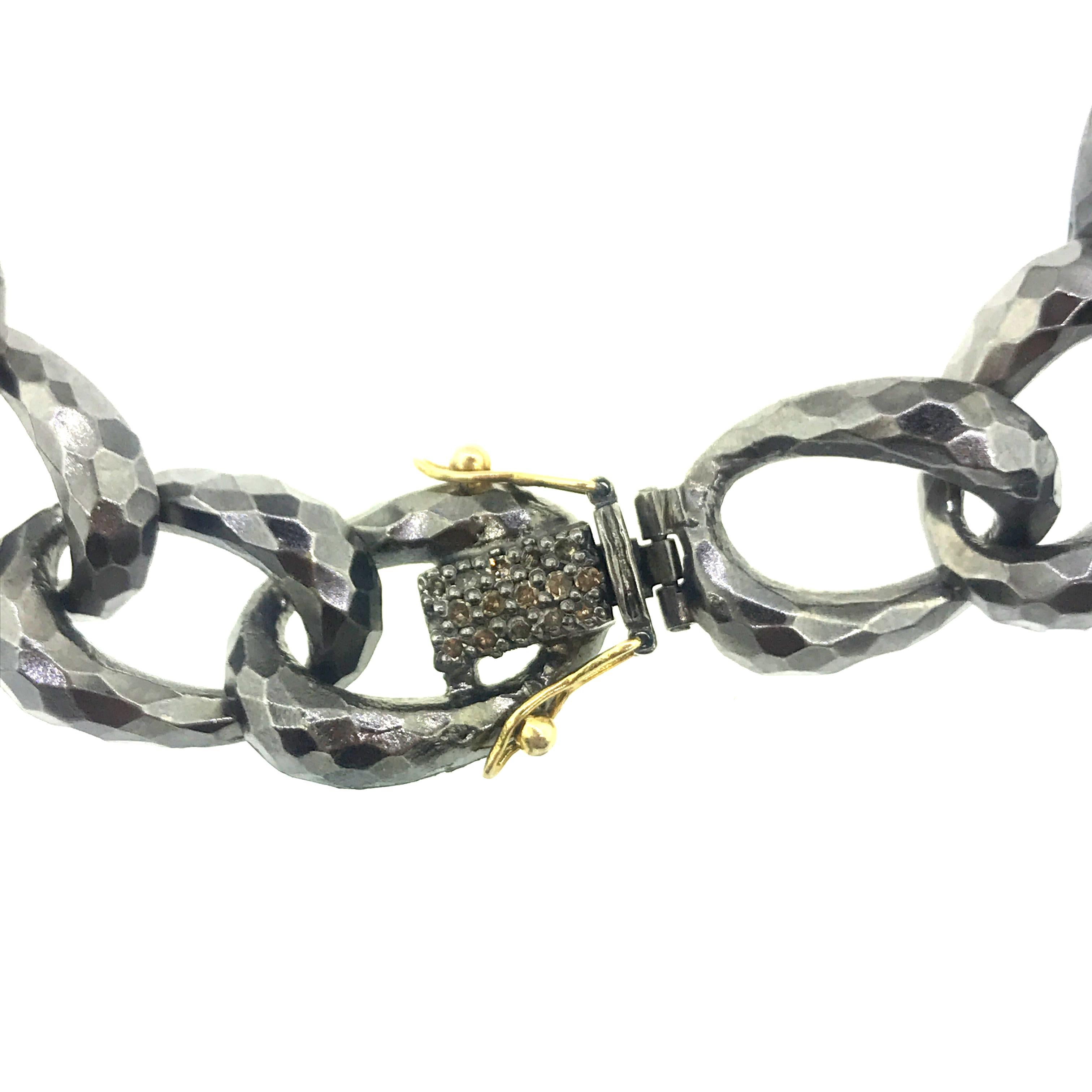 Contemporary 0.96 Carat Pave Diamond Link Bracelet Oxidized Sterling Silver, 14 Karat Gold