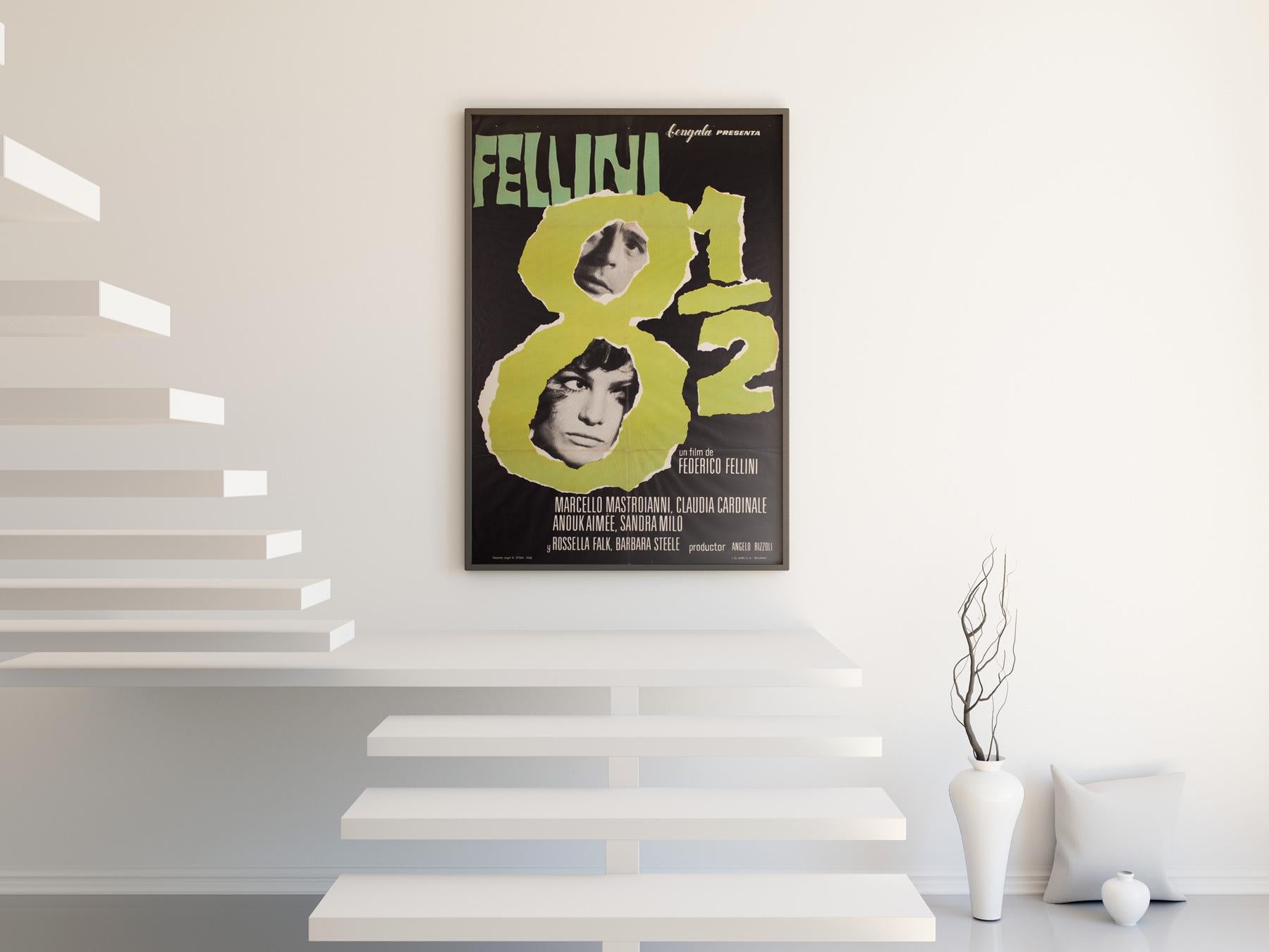Original first-year-of-release Spanish film poster for Fellini's classic 8 1/2. 

This vintage movie poster is sized 26 1/2 x 39 inches and will be sent rolled (unframed).

Year 1963
Poster Type Spanish 1 Sheet
Style -
Art by