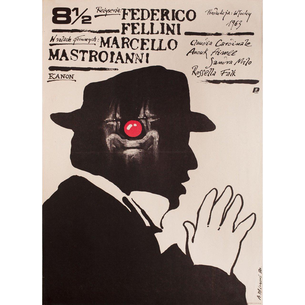 Original 1980s re-release Polish B1 poster by Andrzej Pagowski for the 1963 film 8 1/2 (8 1/2) directed by Federico Fellini with Marcello Mastroianni / Claudia Cardinale / Anouk Aimee / Sandra Milo. Very Good-Fine condition, rolled. Please note: the