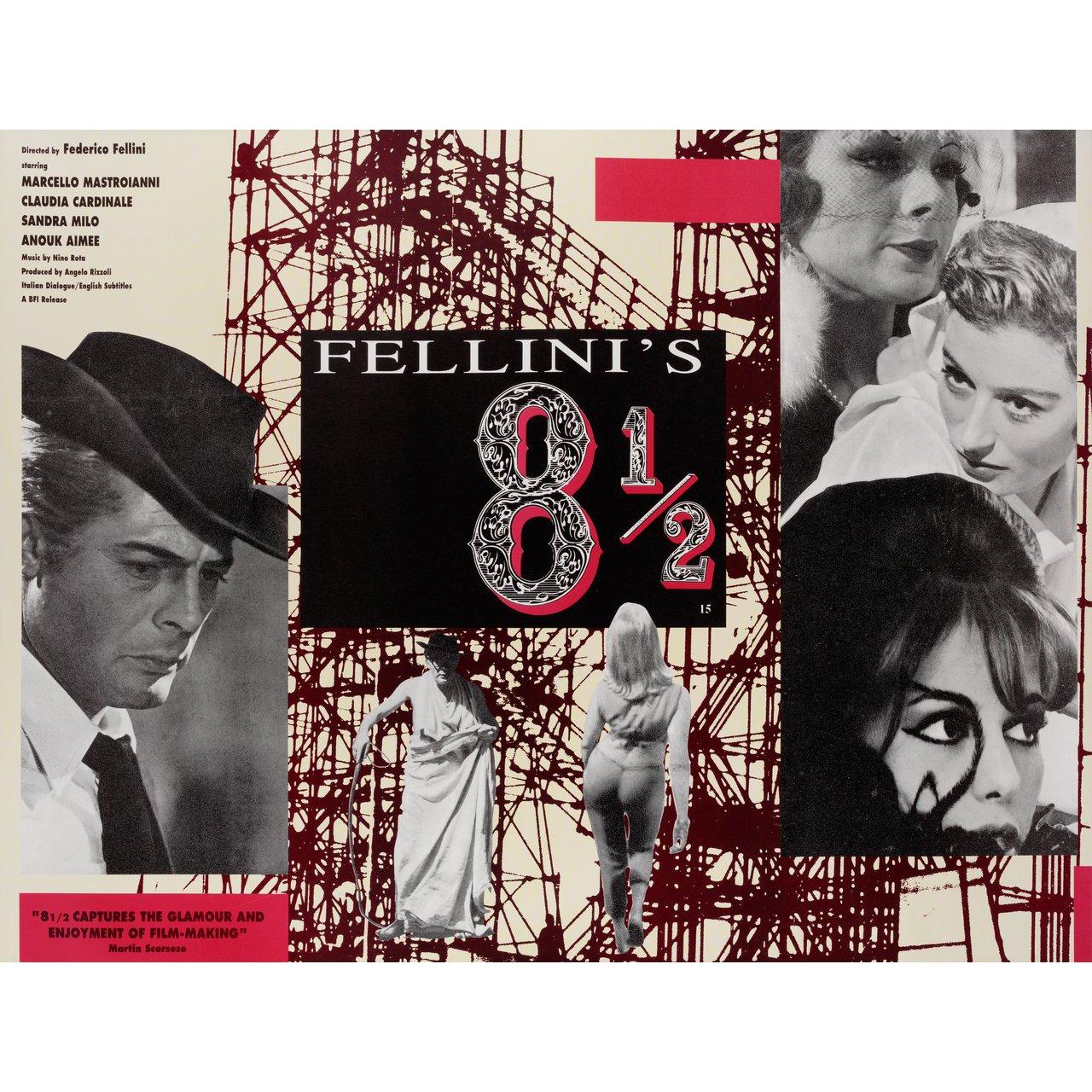 Original 1990s re-release British quad poster for the 1963 film 8 1/2 directed by Federico Fellini with Marcello Mastroianni / Claudia Cardinale / Anouk Aimee / Sandra Milo. Fine condition, linen-backed. This poster has been professionally