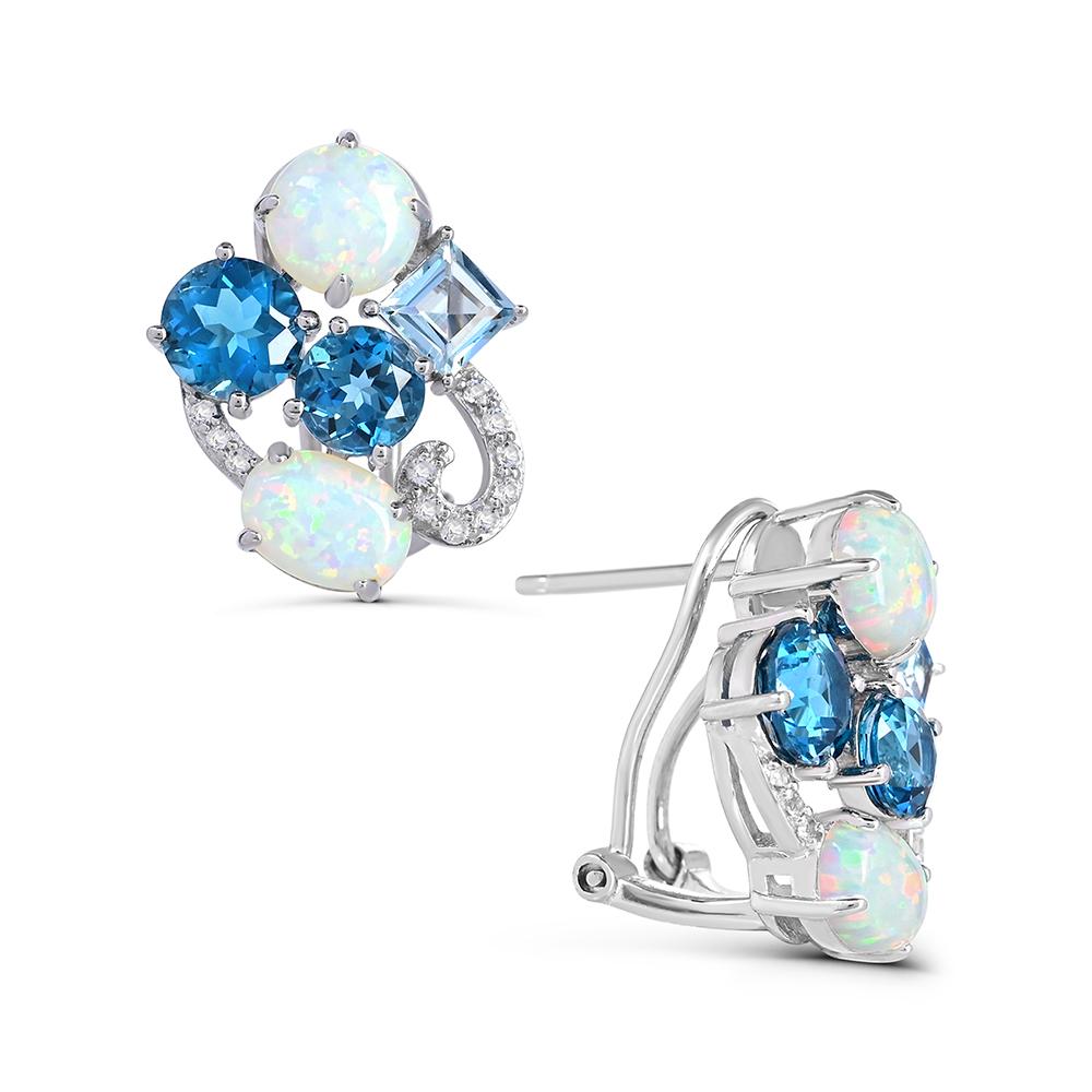 These limited edition sterling silver stud earrings feature a combination of round and oval created opals, London blue,  sky blue and white topaz in round and square shapes. The intricate design and high-quality materials make these stud earrings a
