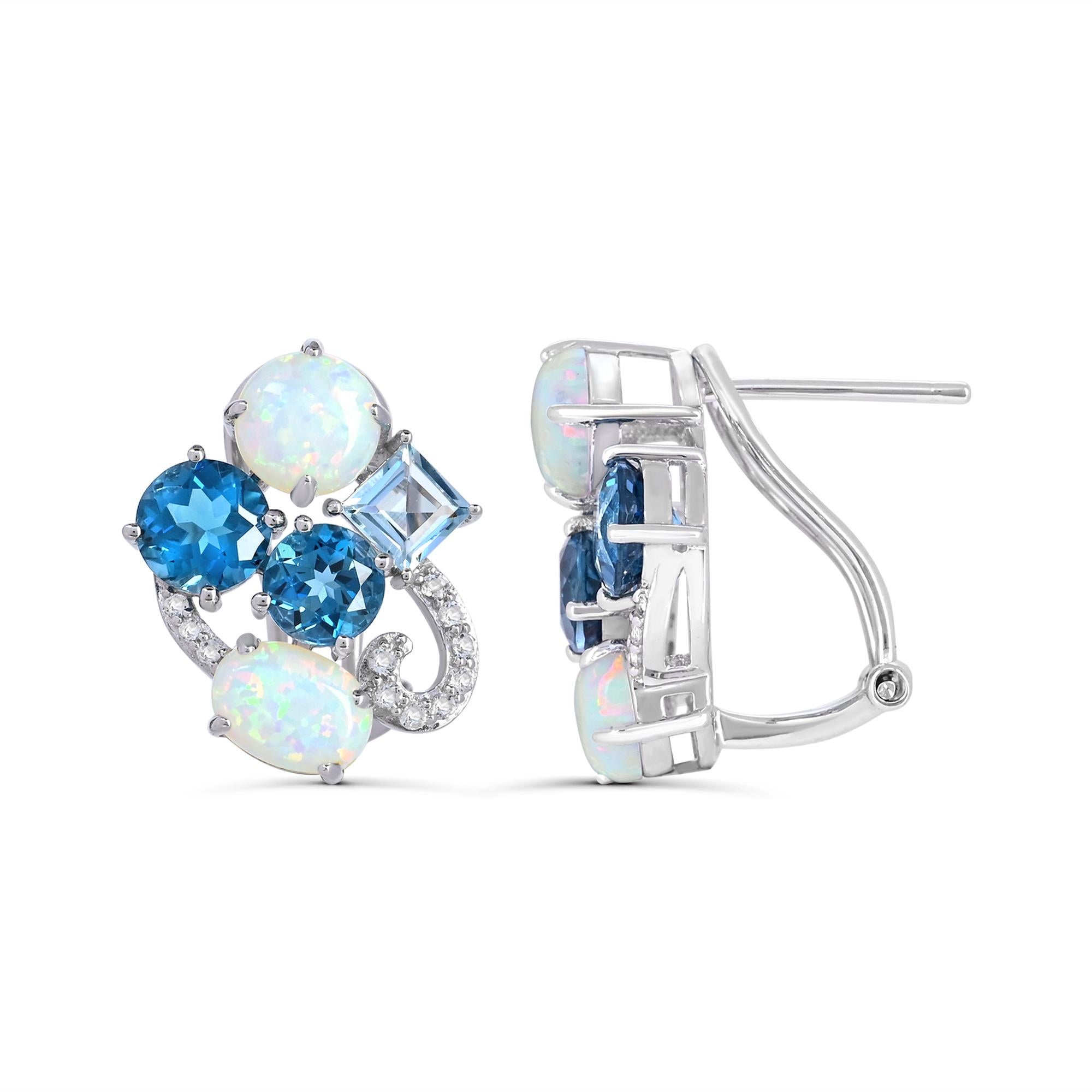 Contemporary 8-1/20 ct. Created Opal and Blue & White Topaz Sterling Silver Earrings For Sale