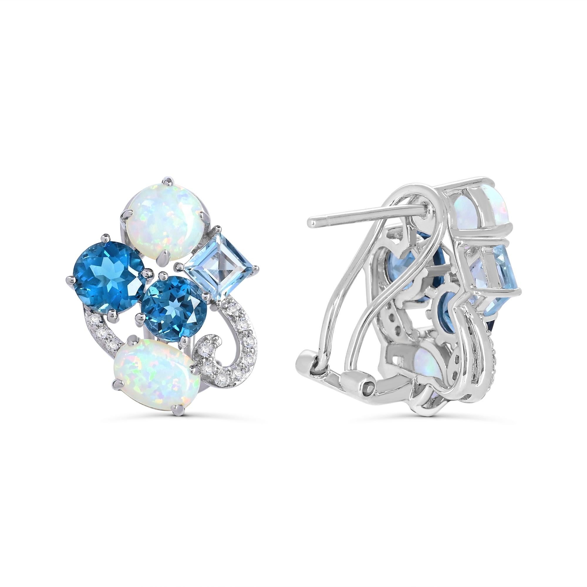Round Cut 8-1/20 ct. Created Opal and Blue & White Topaz Sterling Silver Earrings For Sale