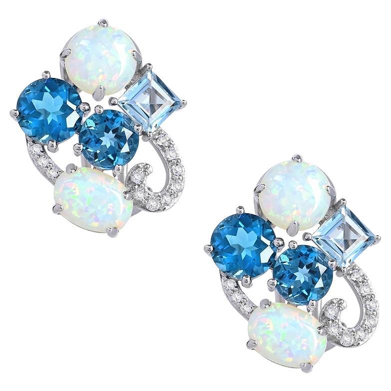 8-1/20 ct. Boucles d'oreilles en argent sterling composées d'opales créées et de topazes bleues et blanches