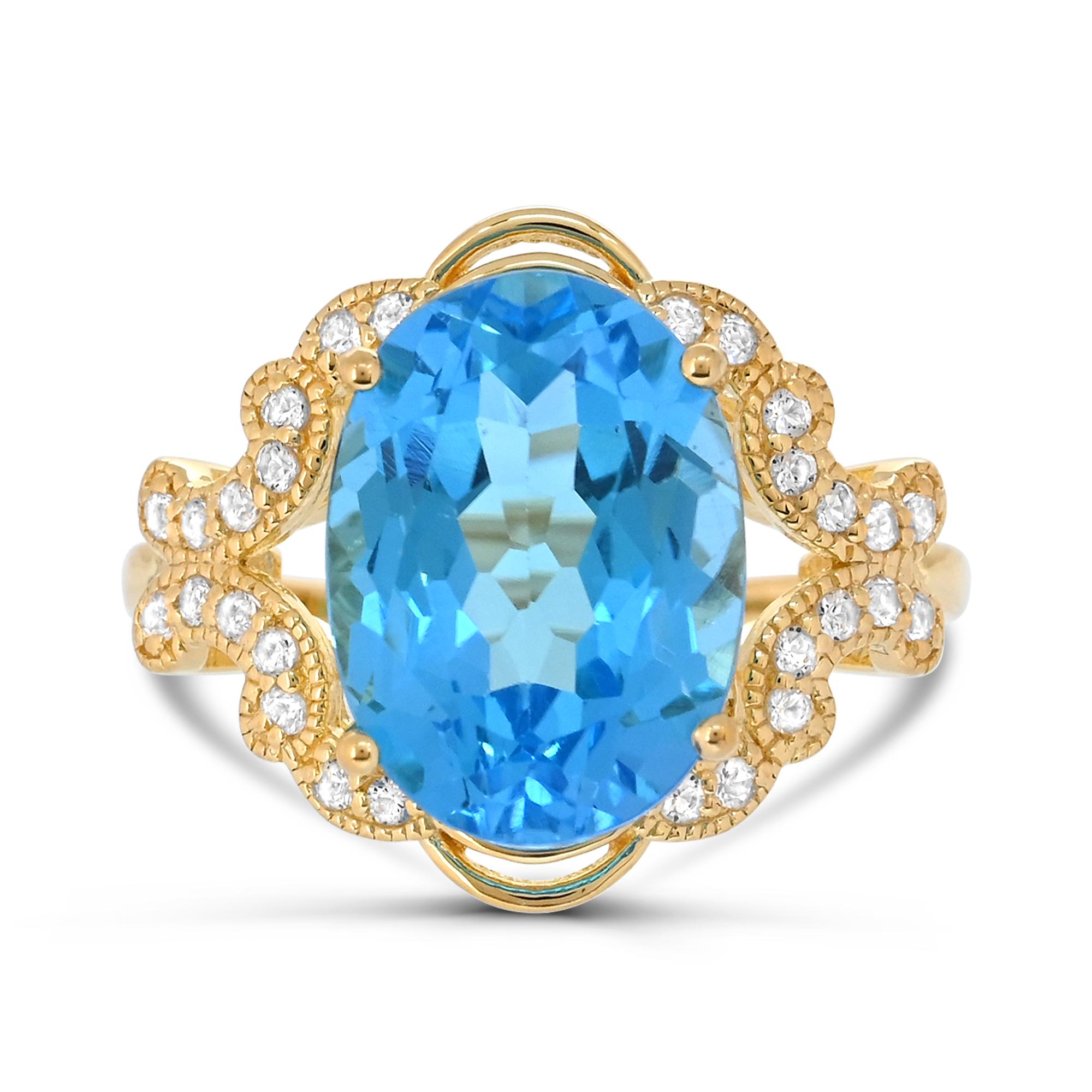 Indulge in the elegance of our Oval Swiss Blue Topaz and Round White Topaz Accented Ring in 14K Yellow Gold over Sterling Silver. Crafted with meticulous attention to detail, this ring boasts a stunning combination of one oval Swiss blue topaz