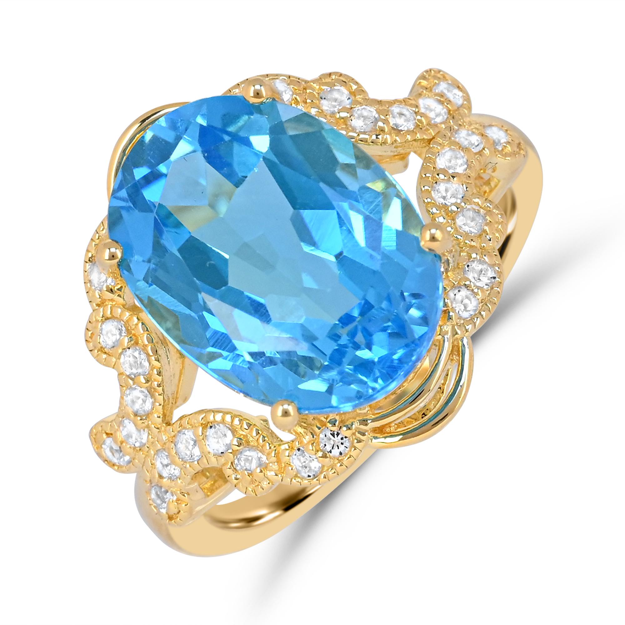 Contemporary 8-1/6 ct. Blue and White Topaz 14K Yellow Gold over Sterling Silver Ring For Sale