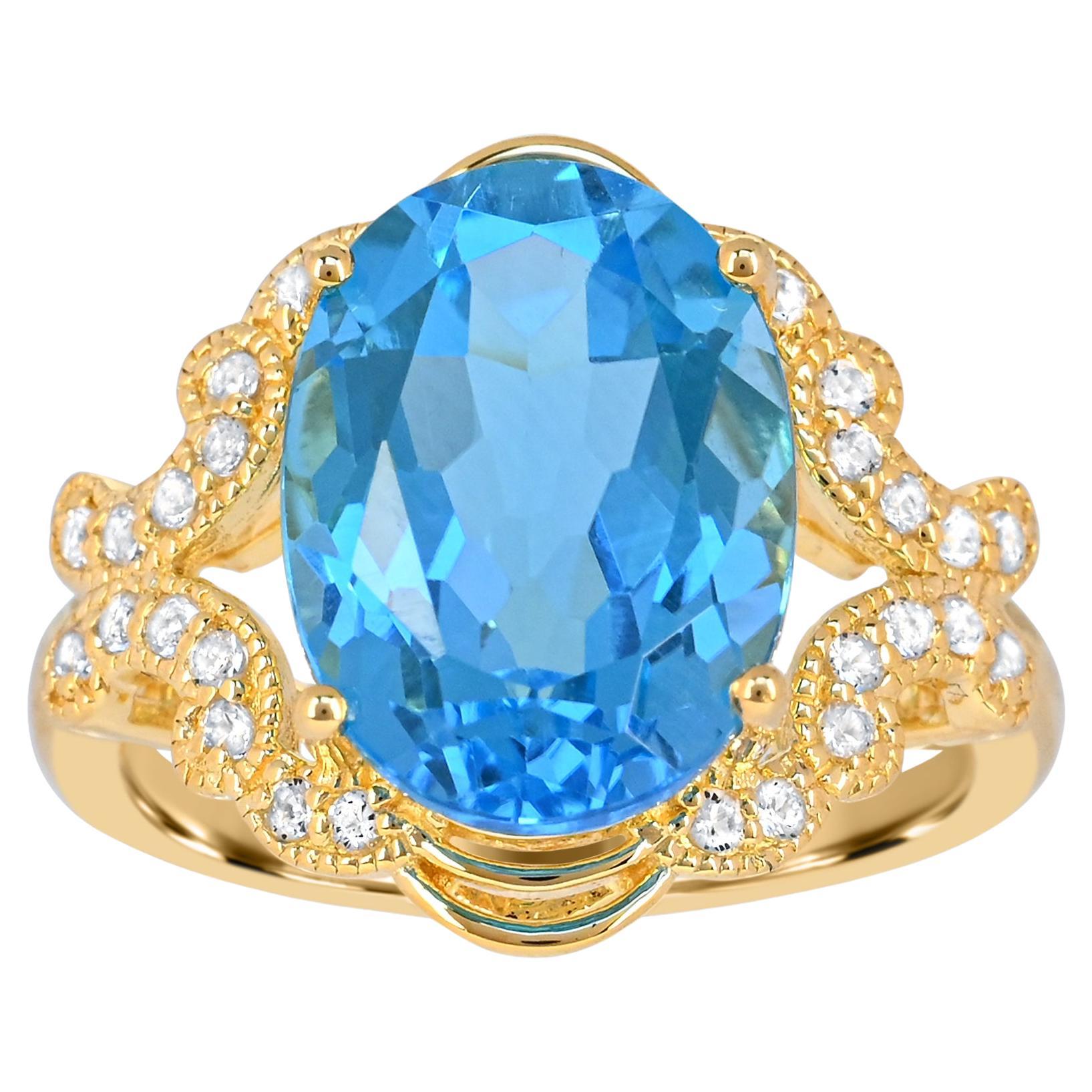 8-1/6 ct. Blue and White Topaz 14K Yellow Gold over Sterling Silver Ring For Sale